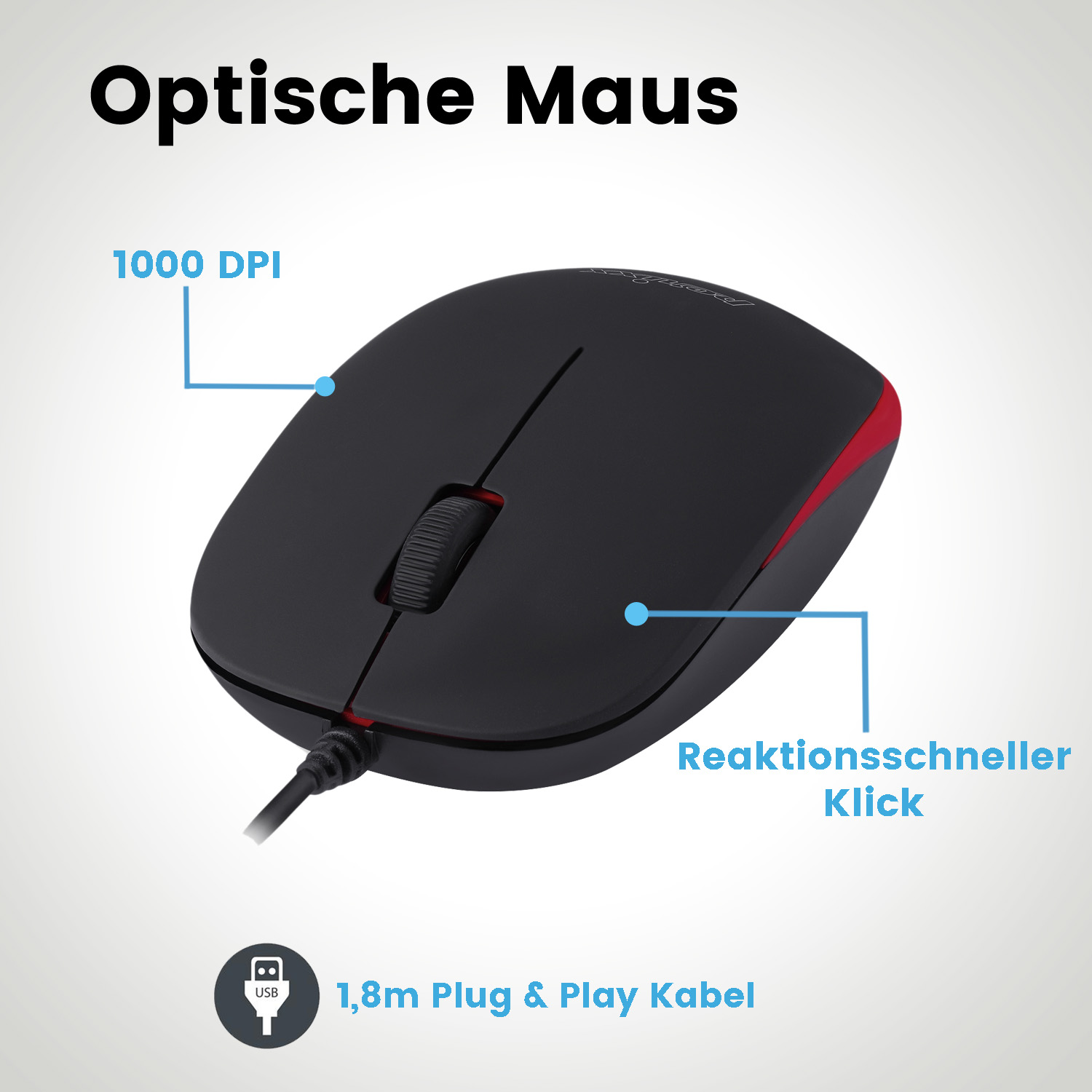 Schwarz-rote Computermaus mit Etiketten. Auf dem Etikett steht 1000 DPI und 1,8m Plug & Play Kabel.