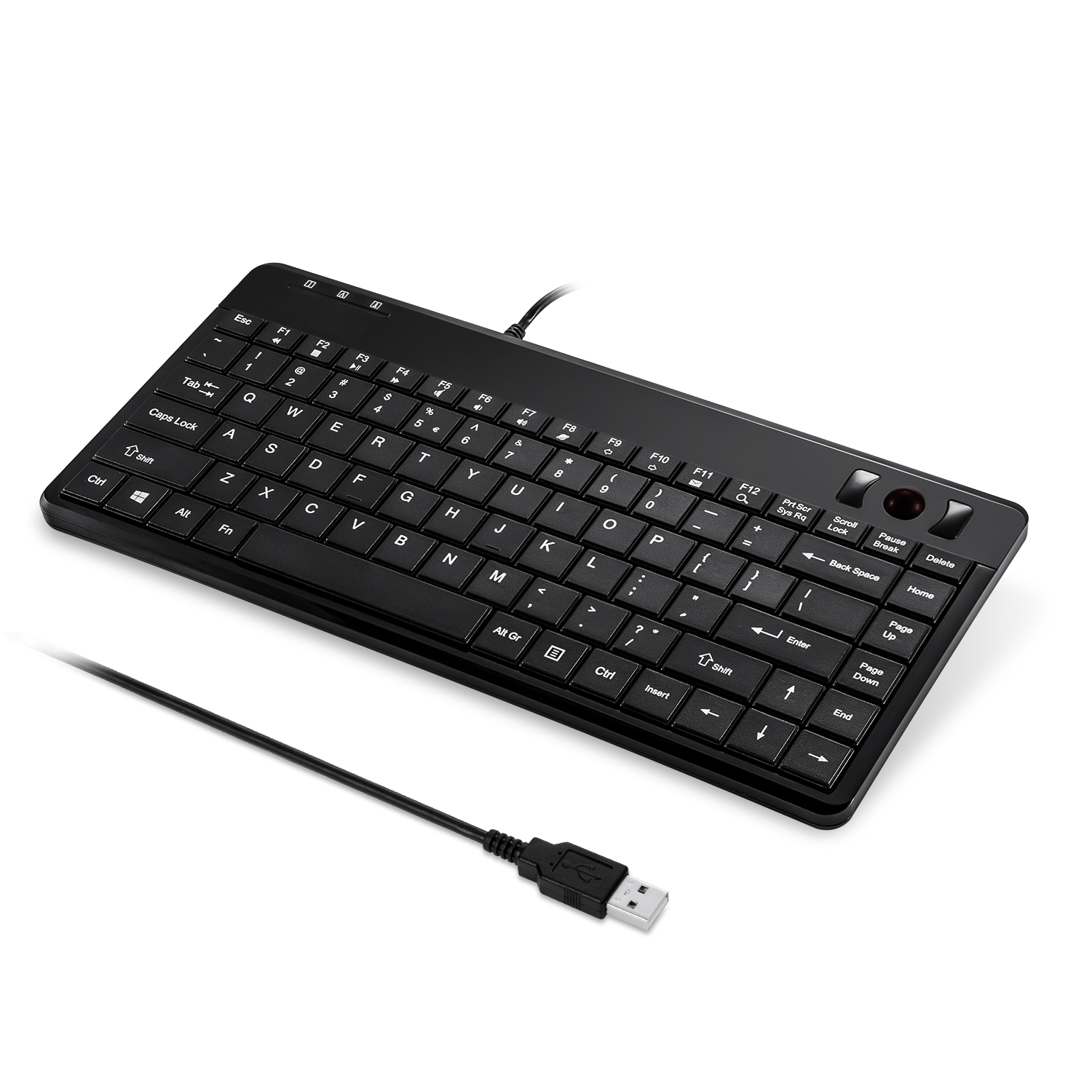 Schwarze Tastatur mit Tasten und USB-Kabel.