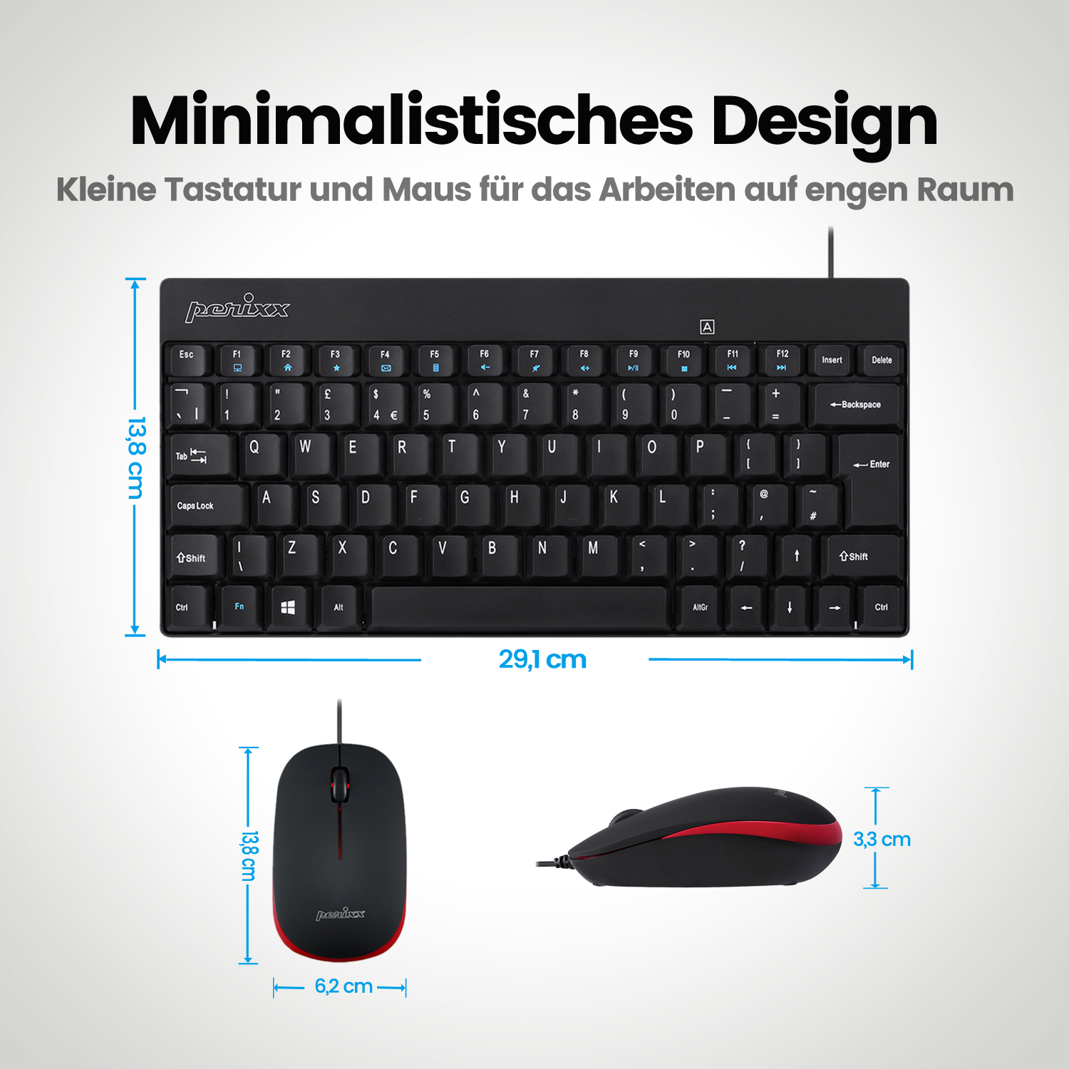 Schwarze Tastatur und Maus. Tastatur ist 13,8 cm hoch und 29,1 cm breit.