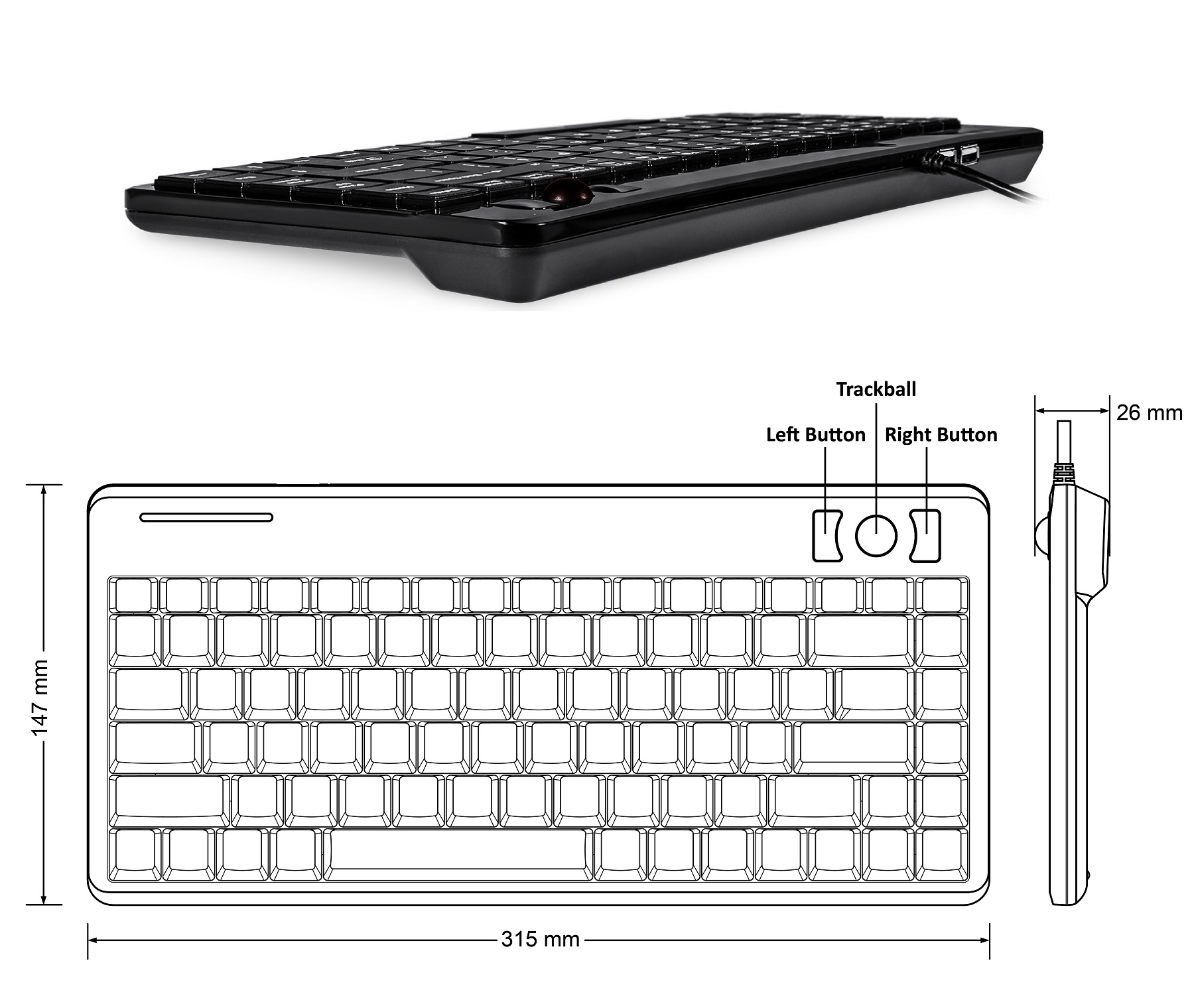 Schwarze Tastatur mit Trackball, linker und rechter Taste sowie USB-Kabel. Abmessungen sind beschriftet.