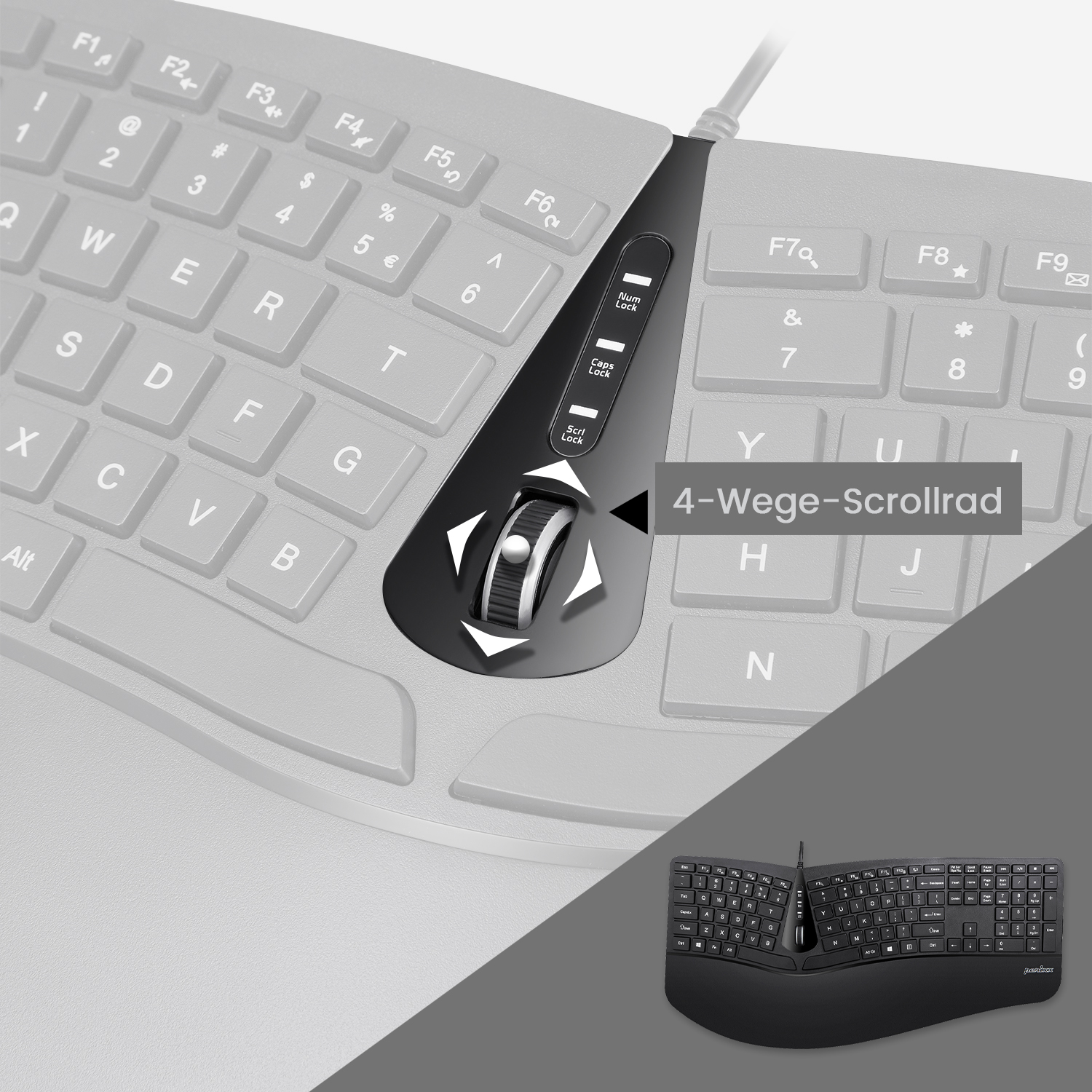 Ergonomisches Tastaturzubehör mit Scrollrad und mehreren Tasten über einer Tastatur.