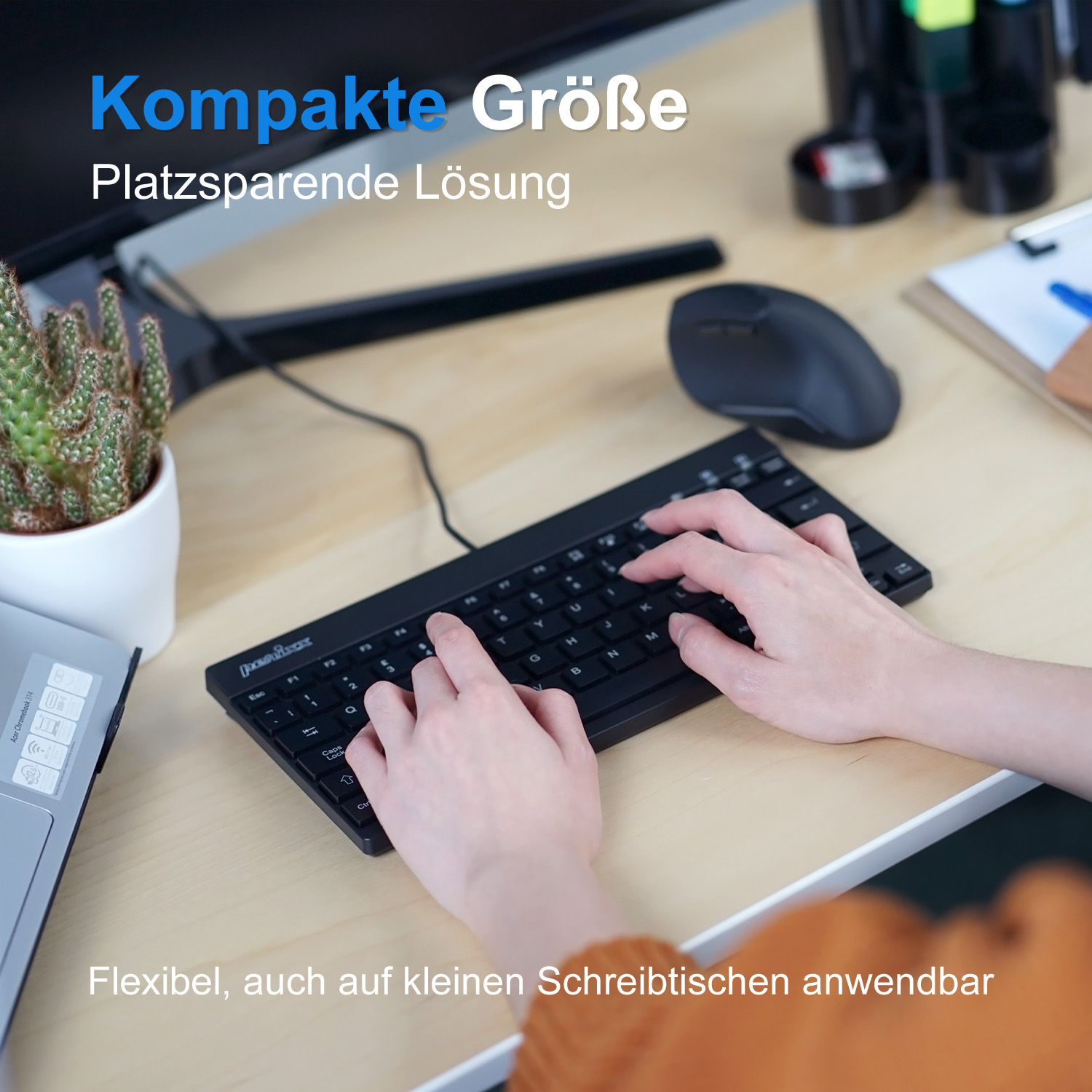 Hände, die auf einer schwarzen Tastatur tippen. Eine Maus und eine Pflanze stehen auf dem Holztisch. Text auf Deutsch.