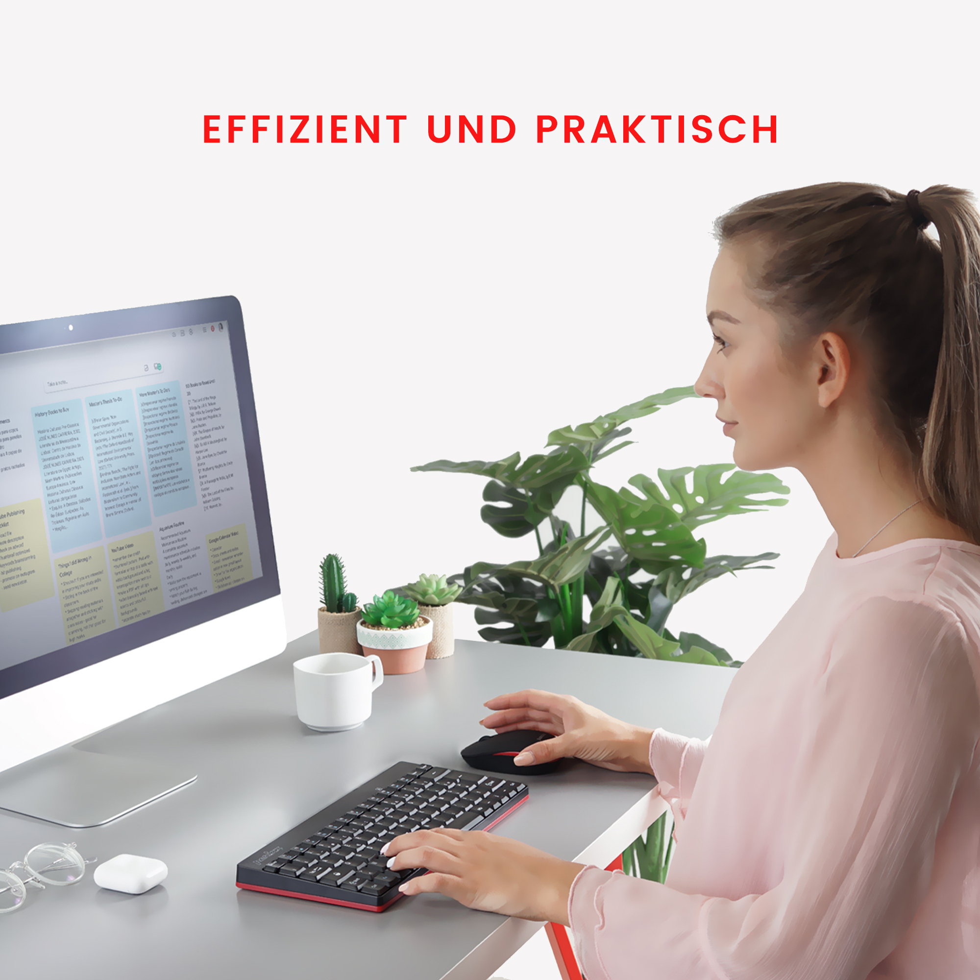 Eine Frau, die eine Tastatur und eine Maus an einem Schreibtisch benutzt, mit einem Computerbildschirm davor.