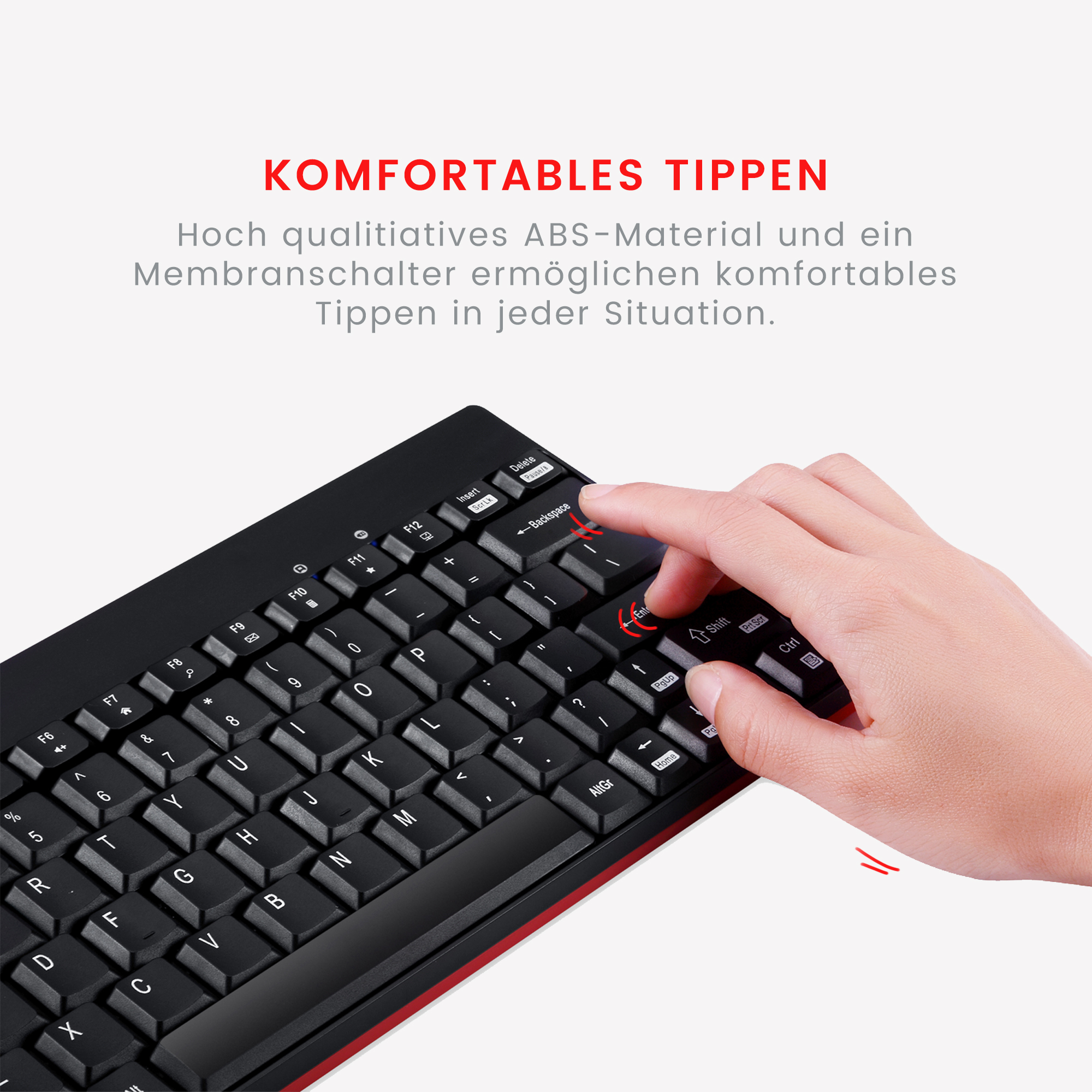 Tastatur mit Hand, die die Eingabetaste drückt, schwarz-rotes Farbschema.