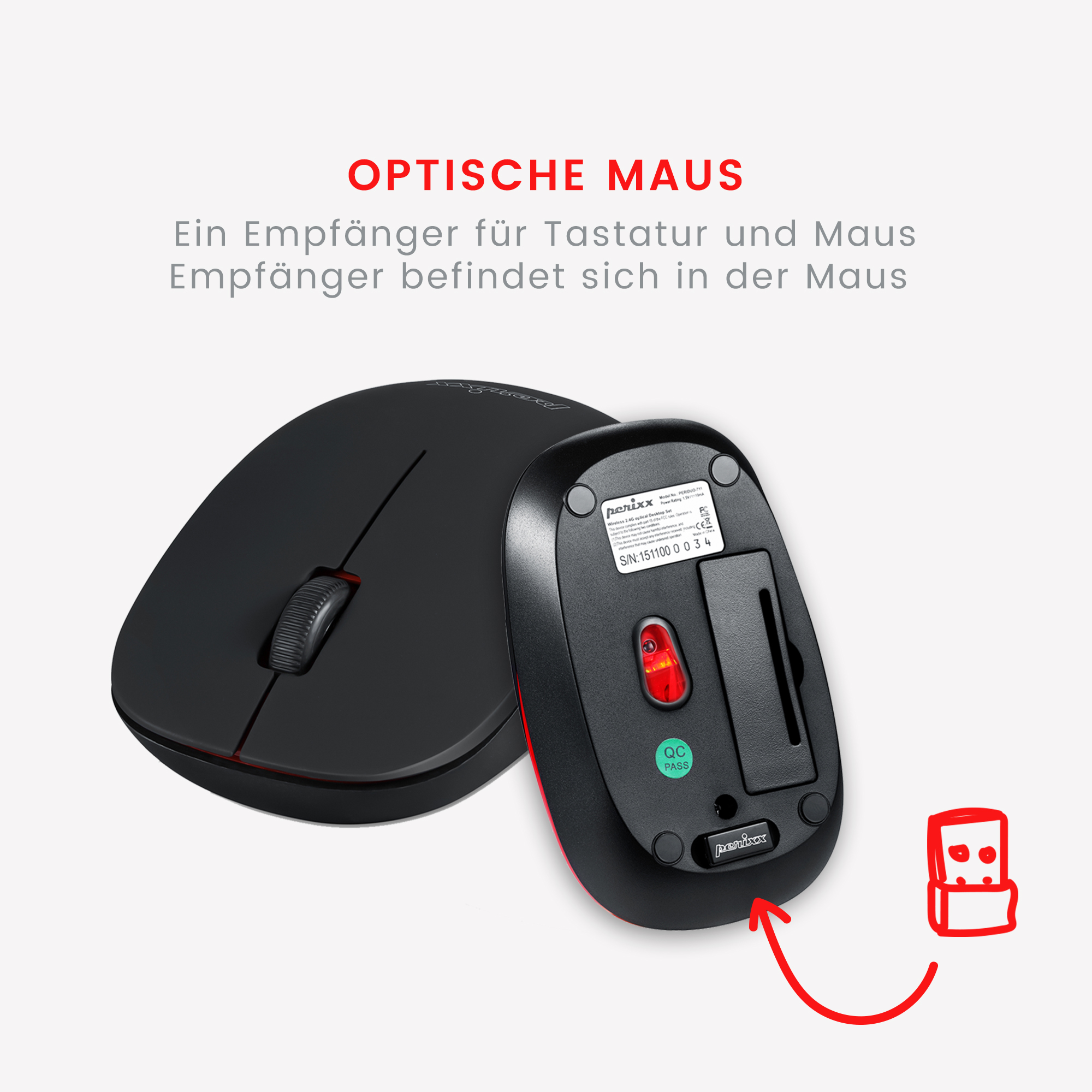 Schwarze und rote Maus auf weißem Hintergrund. Nahaufnahme der Unterseite mit Logo und Empfänger.