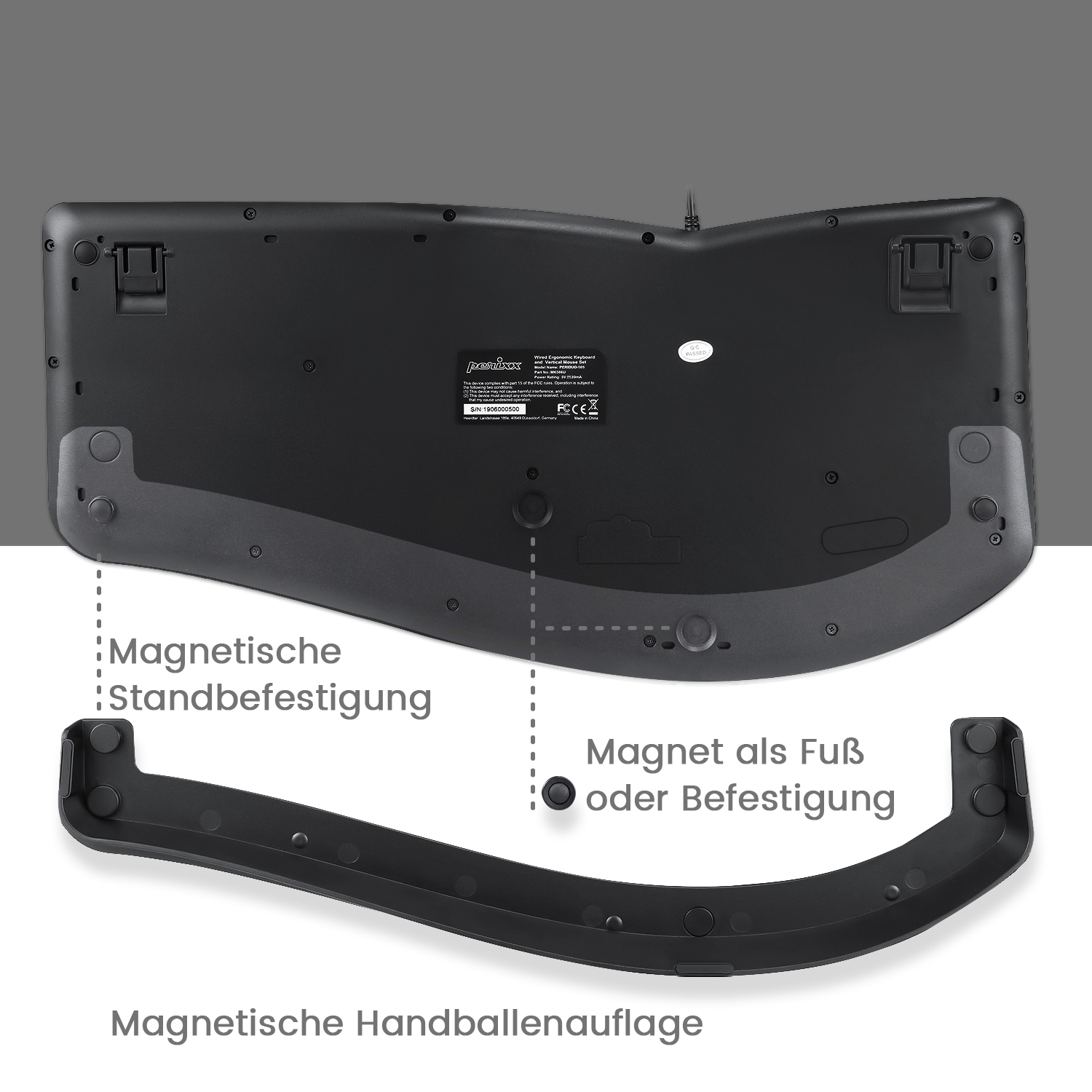 Schwarzer Tastaturboden mit Magnetbefestigung. Weißer Hintergrund mit Text.