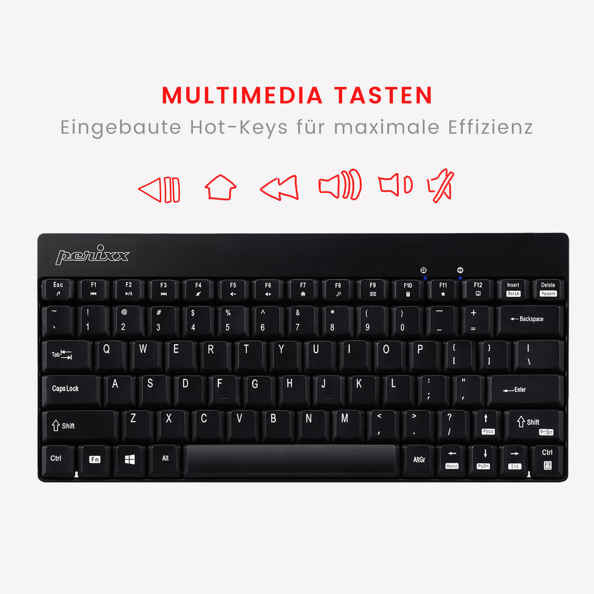 Schwarze Tastatur mit Multimediatasten und deutschem Text.