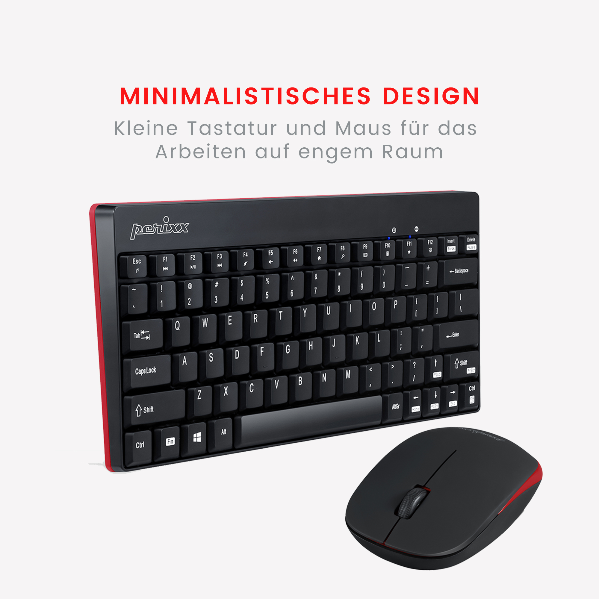 Ein schwarz-rotes Tastatur- und Maus-Set. Es ist ein minimalistisches Design.