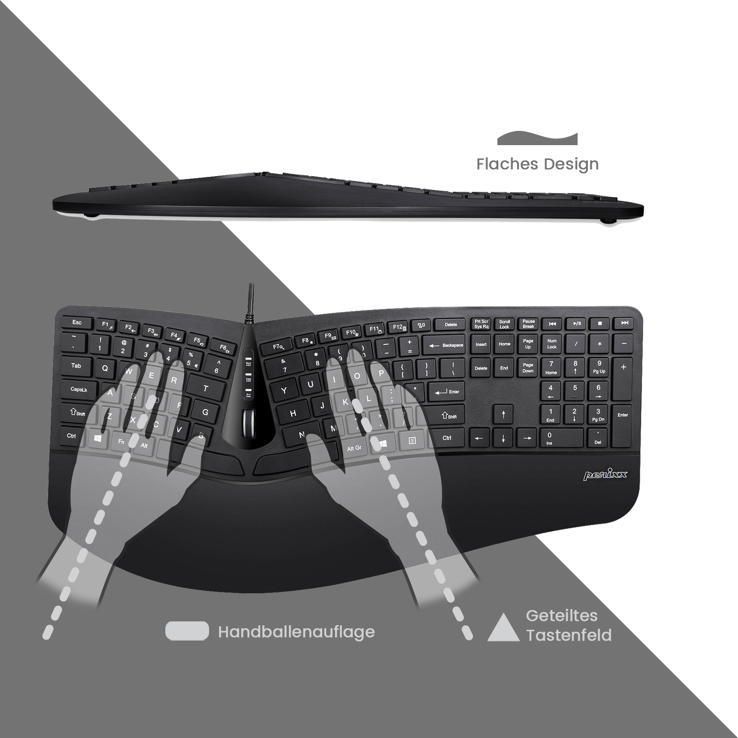 Eine ergonomische Tastatur mit geteiltem Design, mit Handplatzierungsführungen und Tastenbeschriftungen.