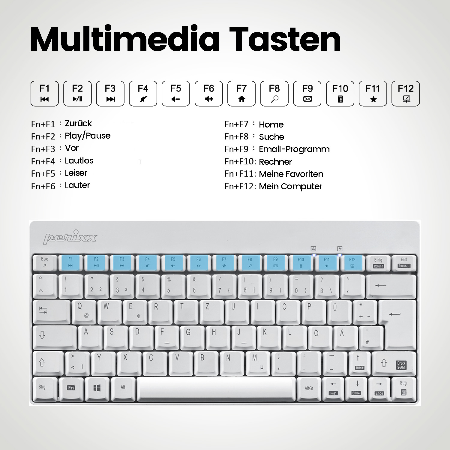 Weiße Tastatur mit Multimediatasten und deutschen Beschriftungen; weißer Hintergrund.