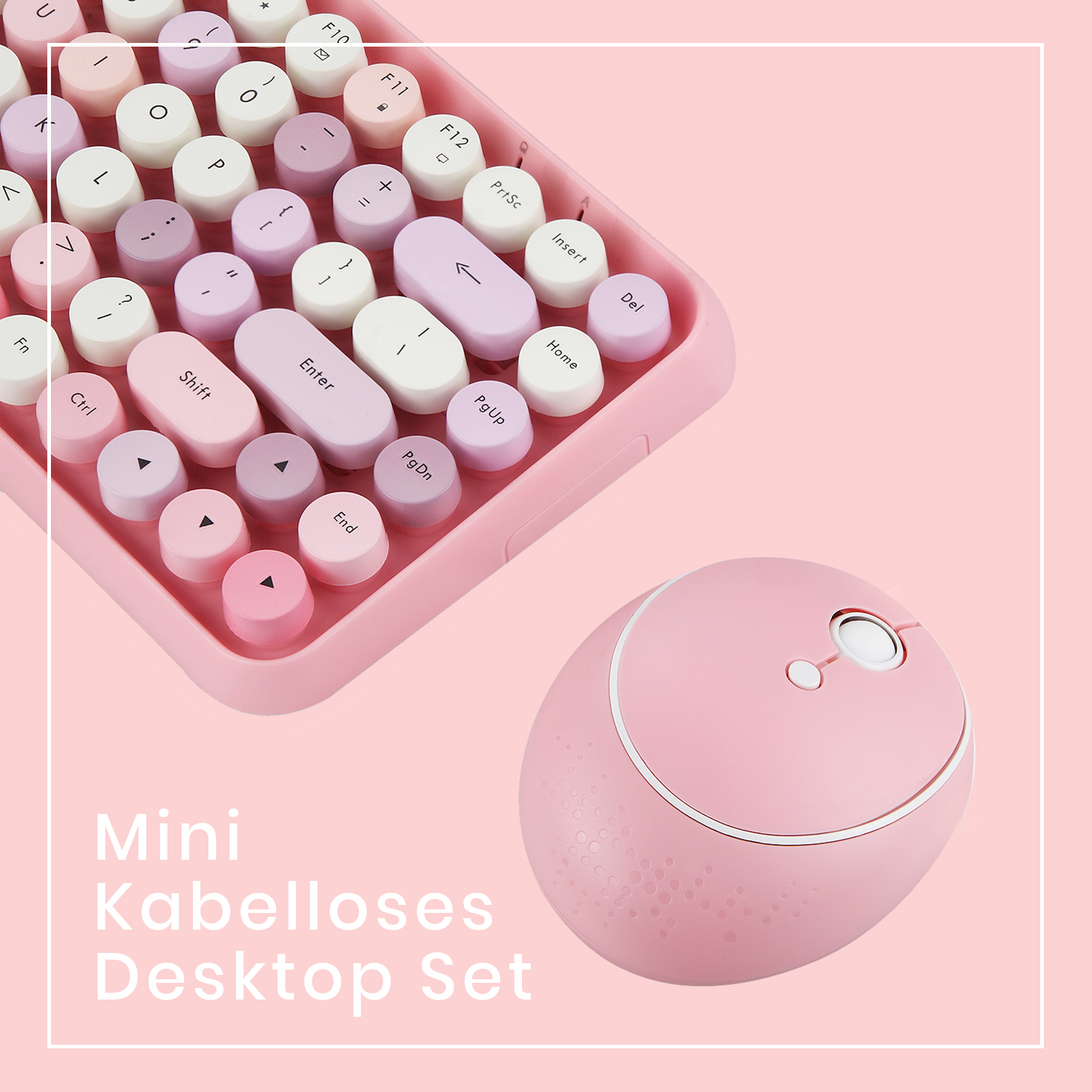 Ein rosa Tastatur- und Maus-Set mit runden Tasten. Die Tastatur hat einen rosa Körper.