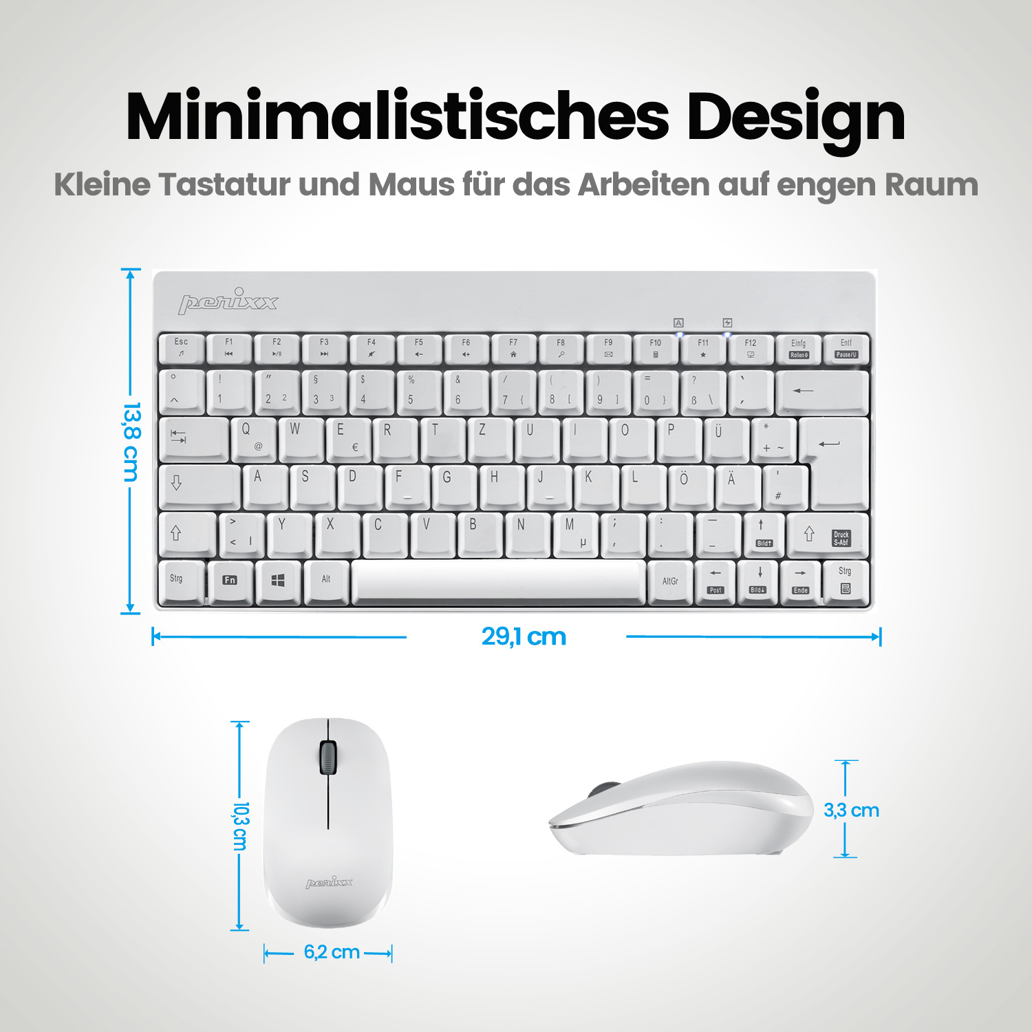 Ein weißes Tastatur- und Maus-Set. Die Tastatur hat Tasten, die Maus ist klein und weiß.