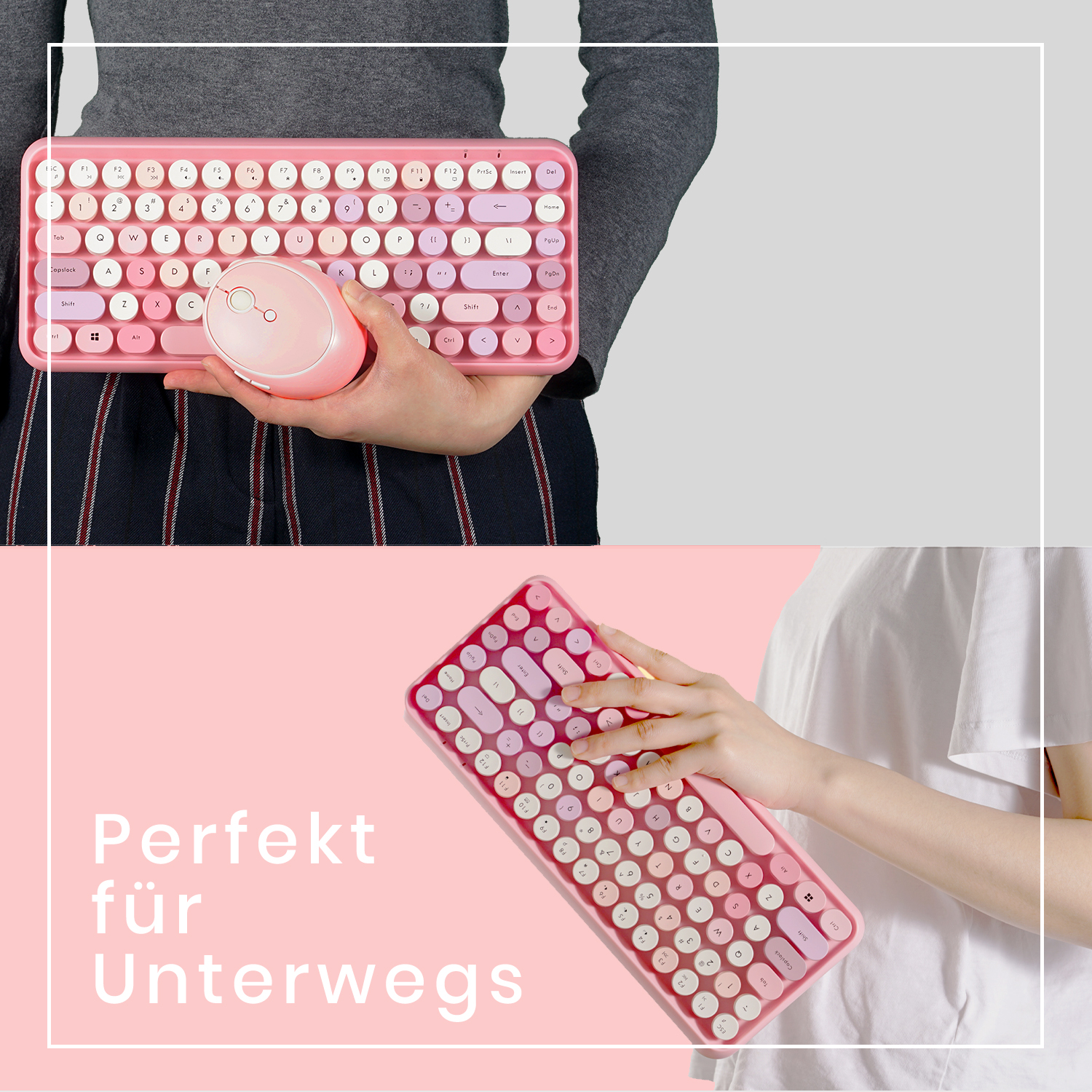 Rosa Tastatur und Maus. Frau hält Tastatur und Maus. Die Tastatur hat runde Tasten. Deutscher Text.