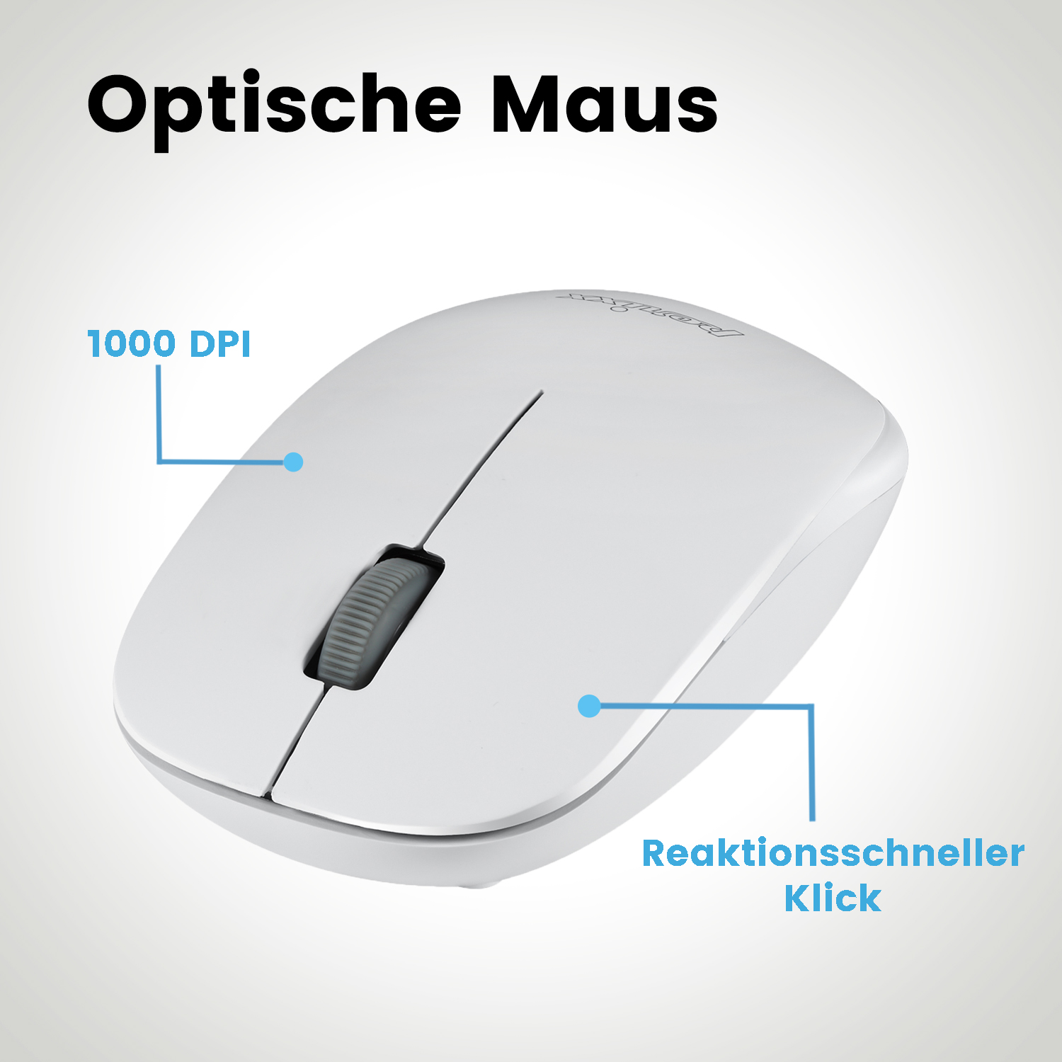 Weiße optische Maus mit Beschriftungen: '1000 DPI' und 'Reaktionsschneller Klick'.