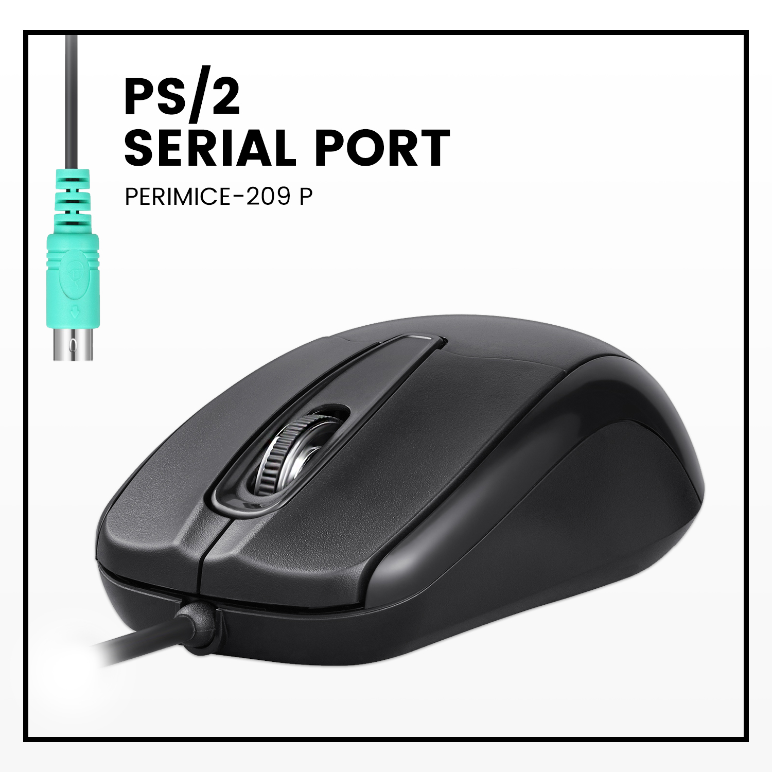 Eine schwarze Computermaus mit einem Scrollrad und einem Kabel. Text: PS/2 SERIELL.