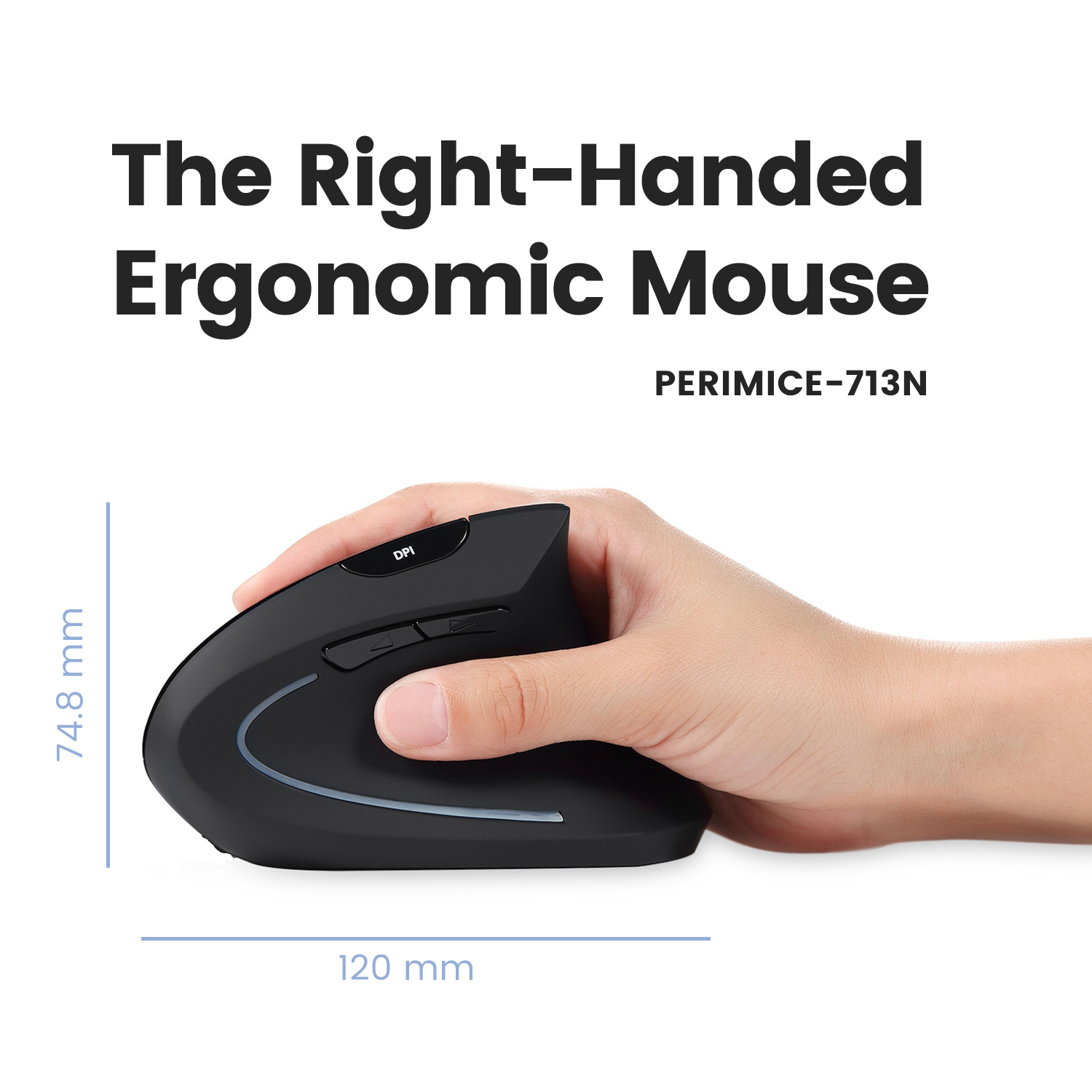 Czarna ergonomiczna mysz z pokazanymi wymiarami. Ręka trzyma mysz.
