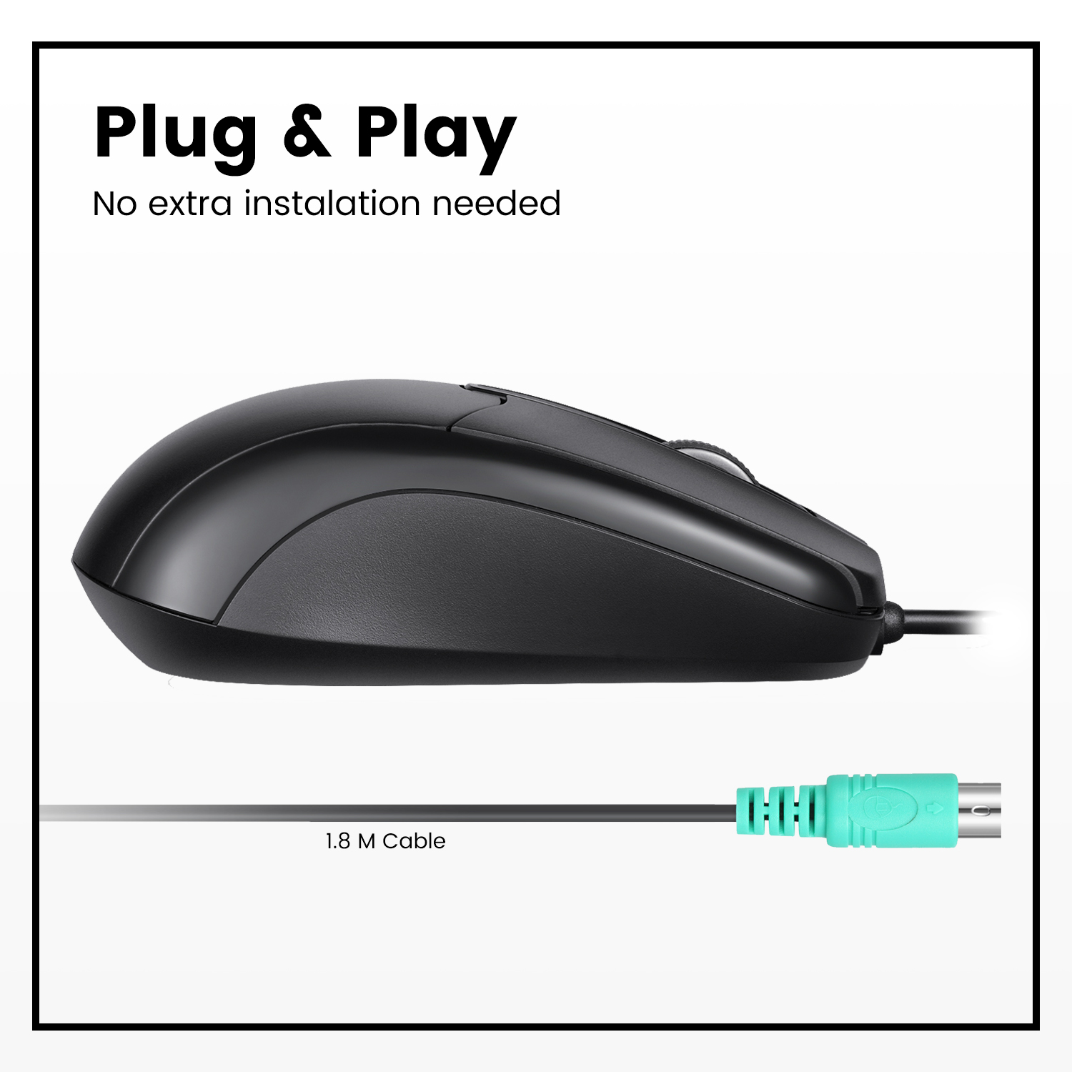 Schwarze Computermaus mit tealfarbenem USB-Anschluss. Text: Plug & Play, keine zusätzliche Installation.