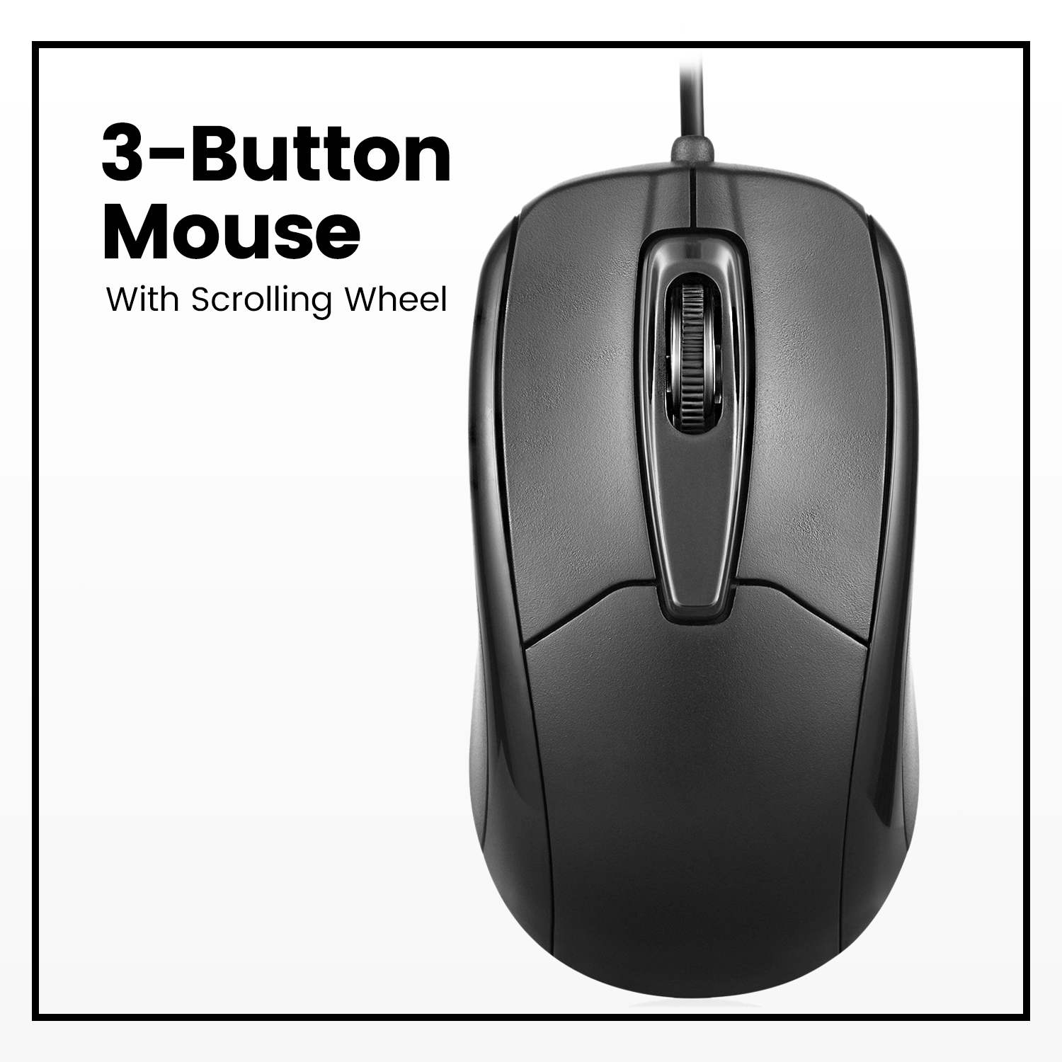 Schwarze 3-Tasten-Maus mit Scrollrad. Das Bild ist auf weißem Hintergrund platziert.