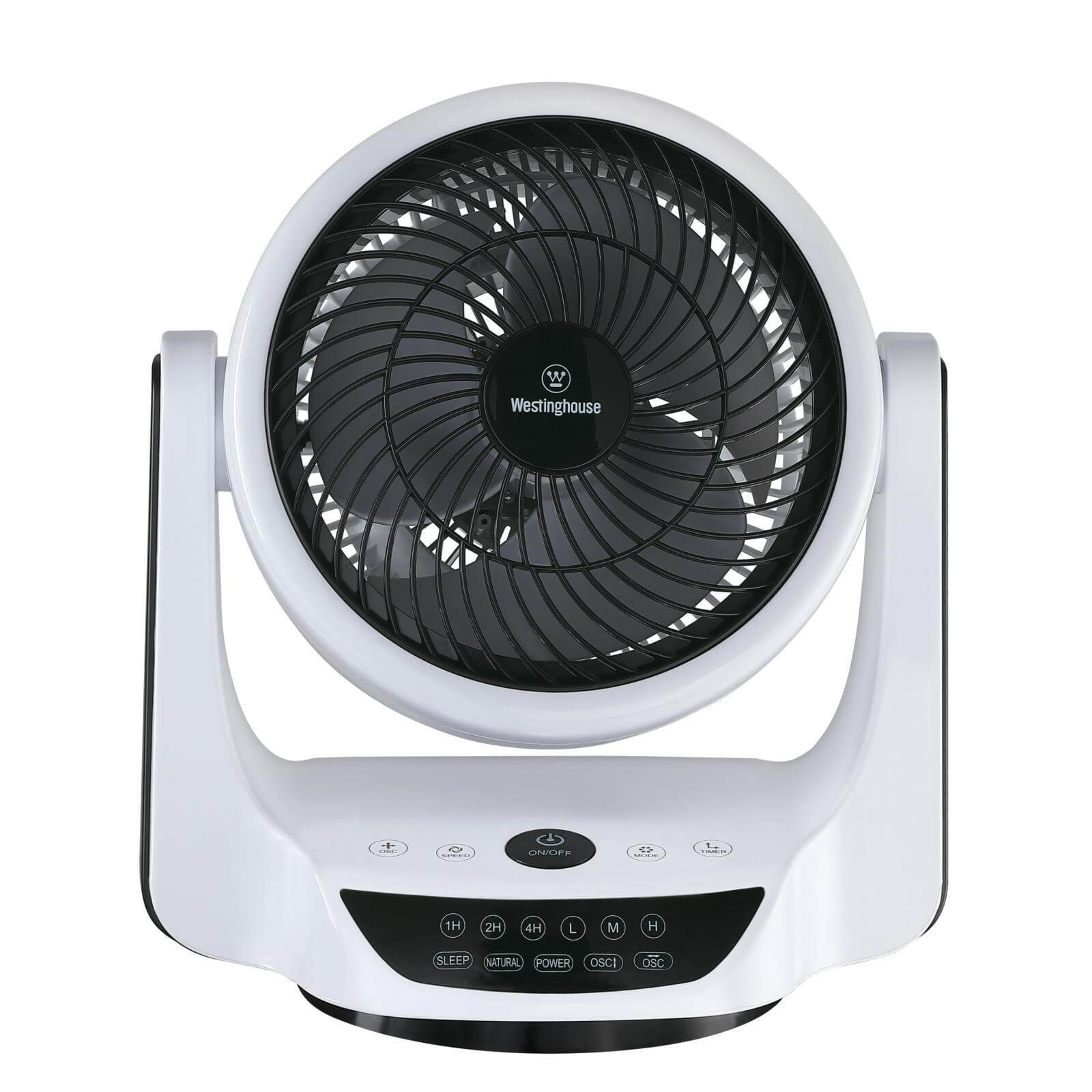 Weißer Ventilator mit schwarzen Flügeln und einem schwarzen Bedienfeld. Der Ventilator hat ein geschwungenes Design.