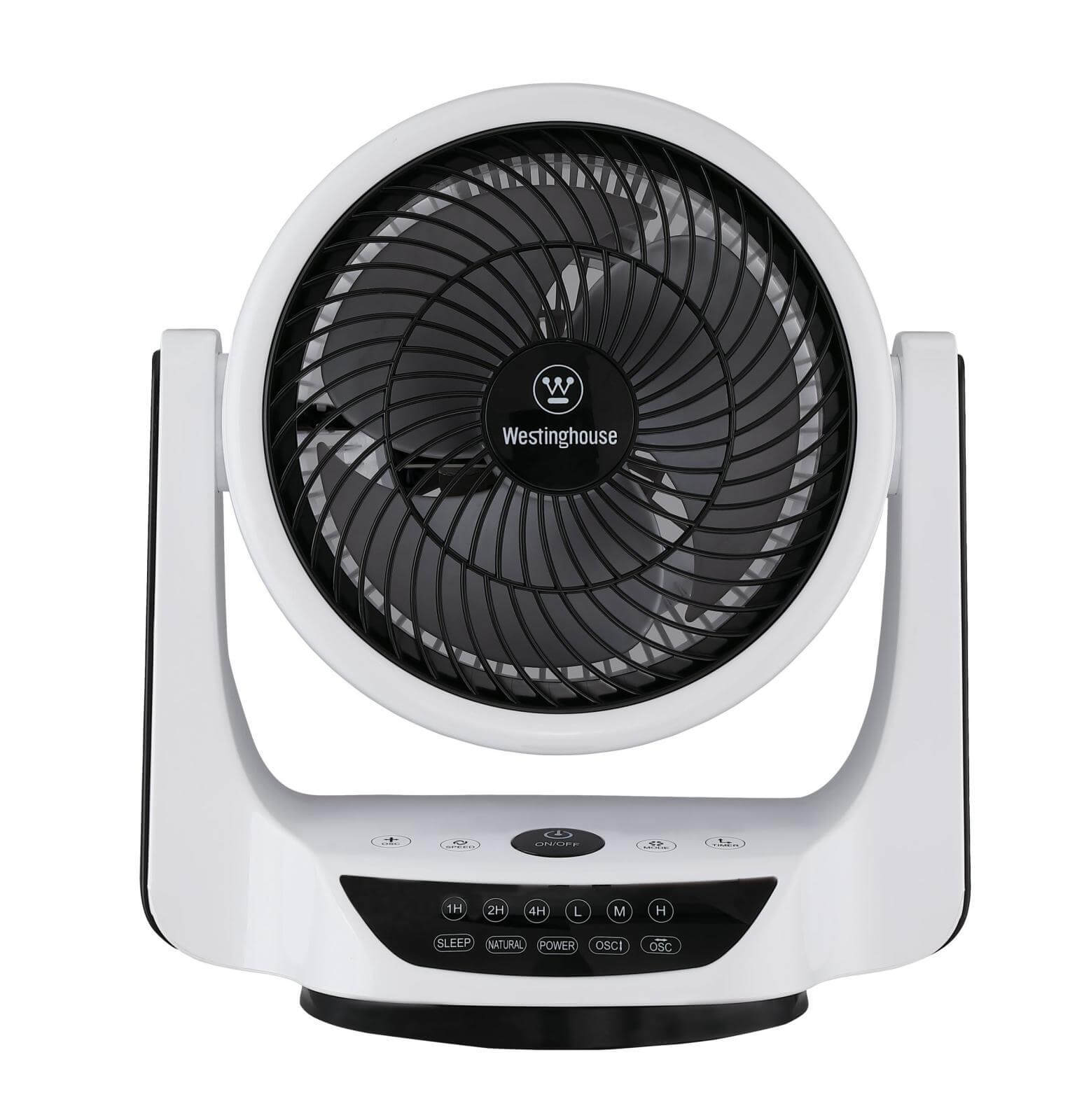 Weiß-schwarzer Ventilator mit Steuertasten. Der Ventilator steht auf einer weißen Oberfläche. Text auf dem Ventilator.