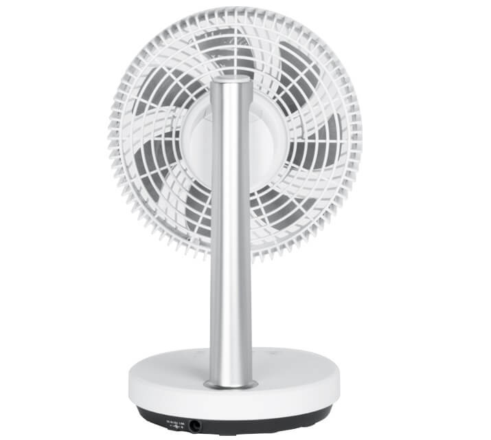 Weißer Ventilator auf weißem Sockel mit silberner Halterung. Rückansicht.