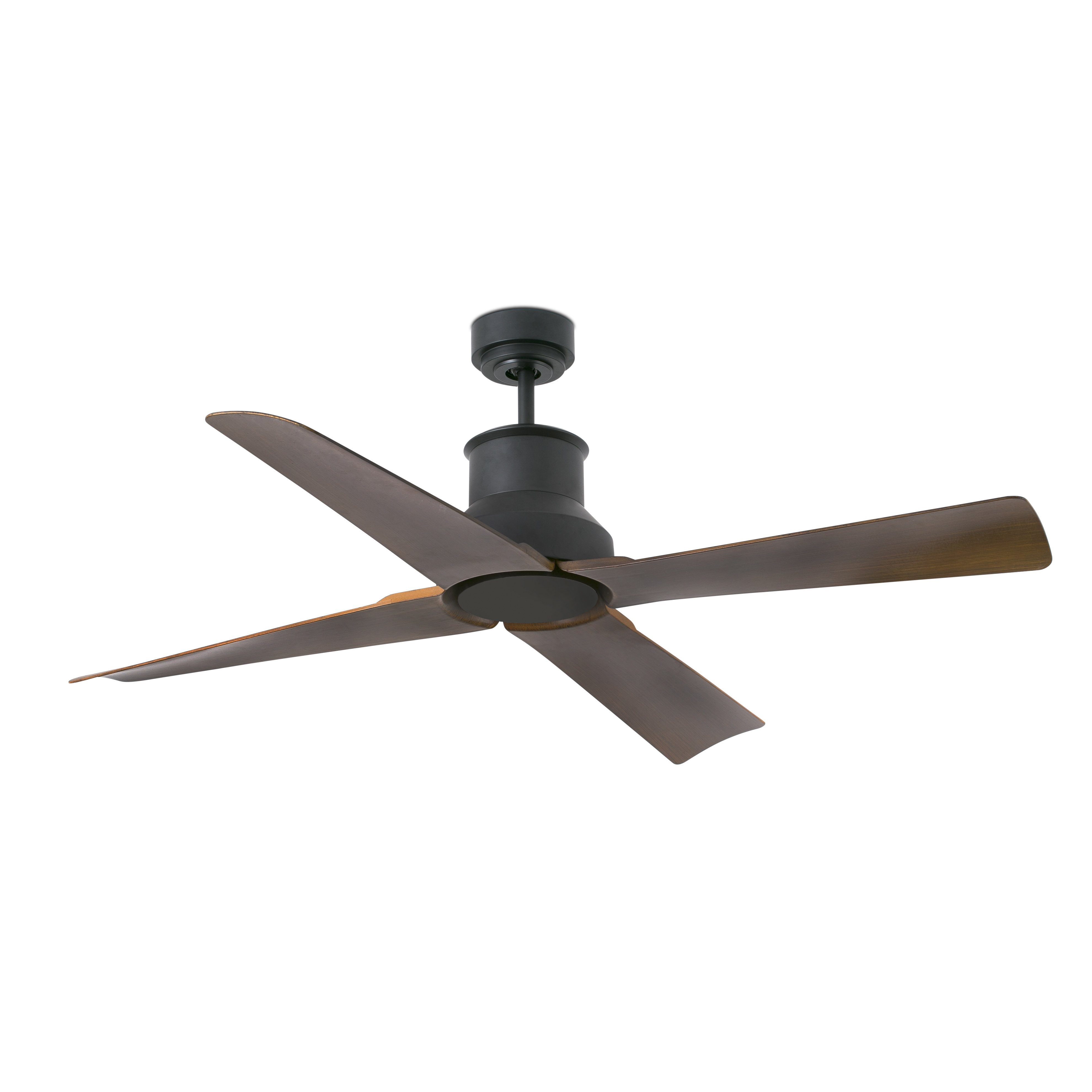 Ventilatore da soffitto con quattro pale marroni e alloggiamento motore nero.