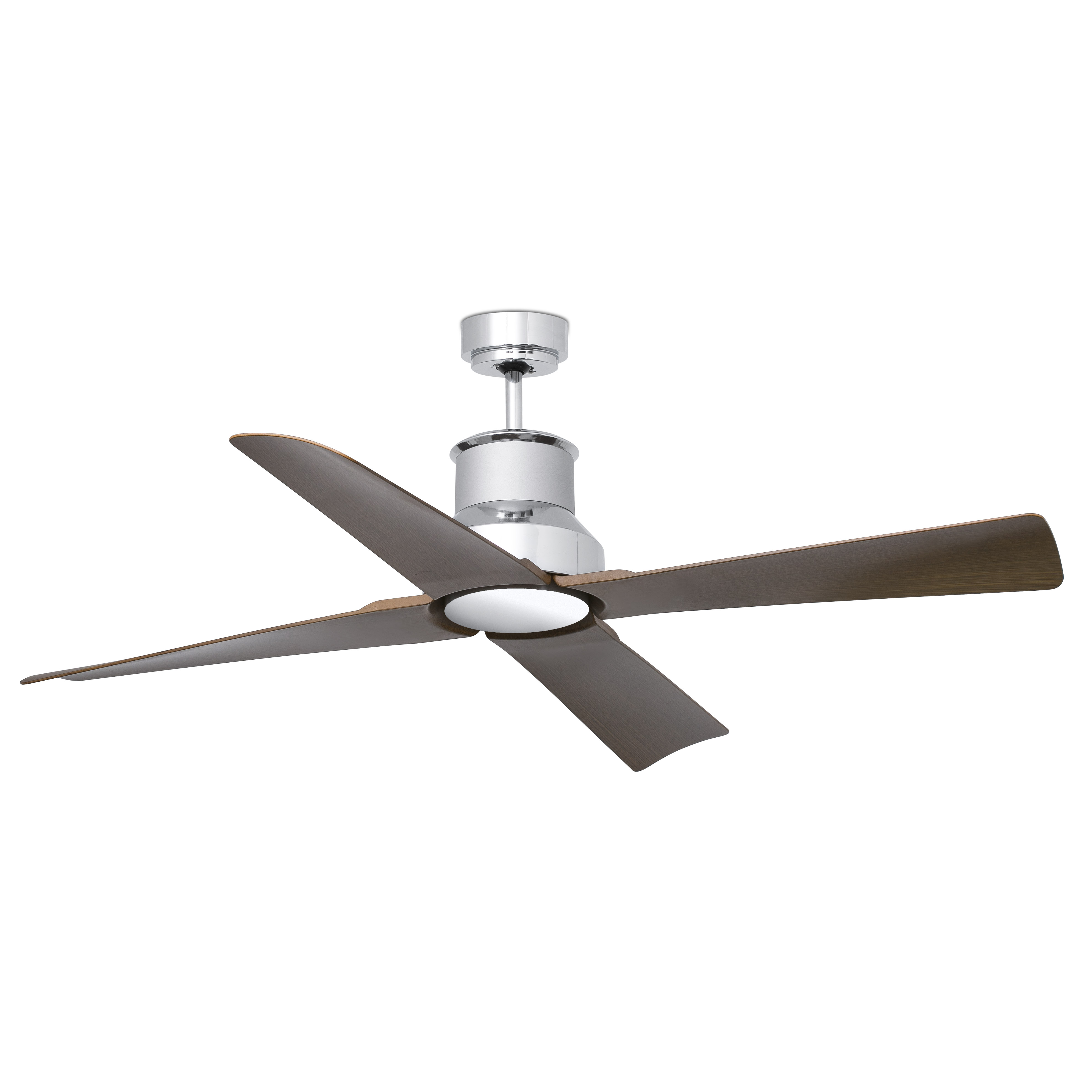 Ein Deckenventilator mit vier braunen Flügeln und silbernem Motorgehäuse. Weißer Hintergrund.