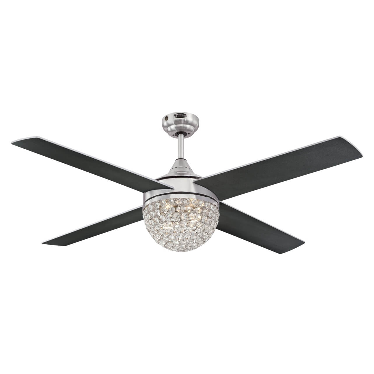 Deckenventilator mit vier schwarzen Blättern, einer zentralen Kristallkugel mit Lichtern und einer silbernen Halterung.