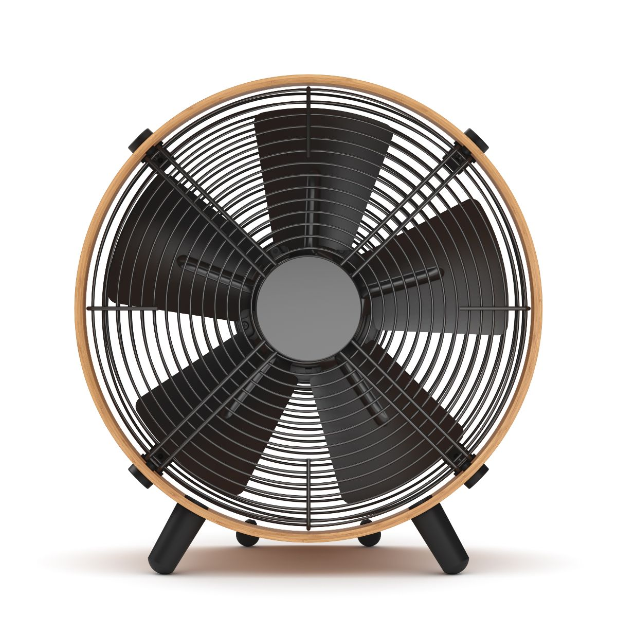 Vue de dessus d'un ventilateur de style rétro avec cadre en bois et pales noires.