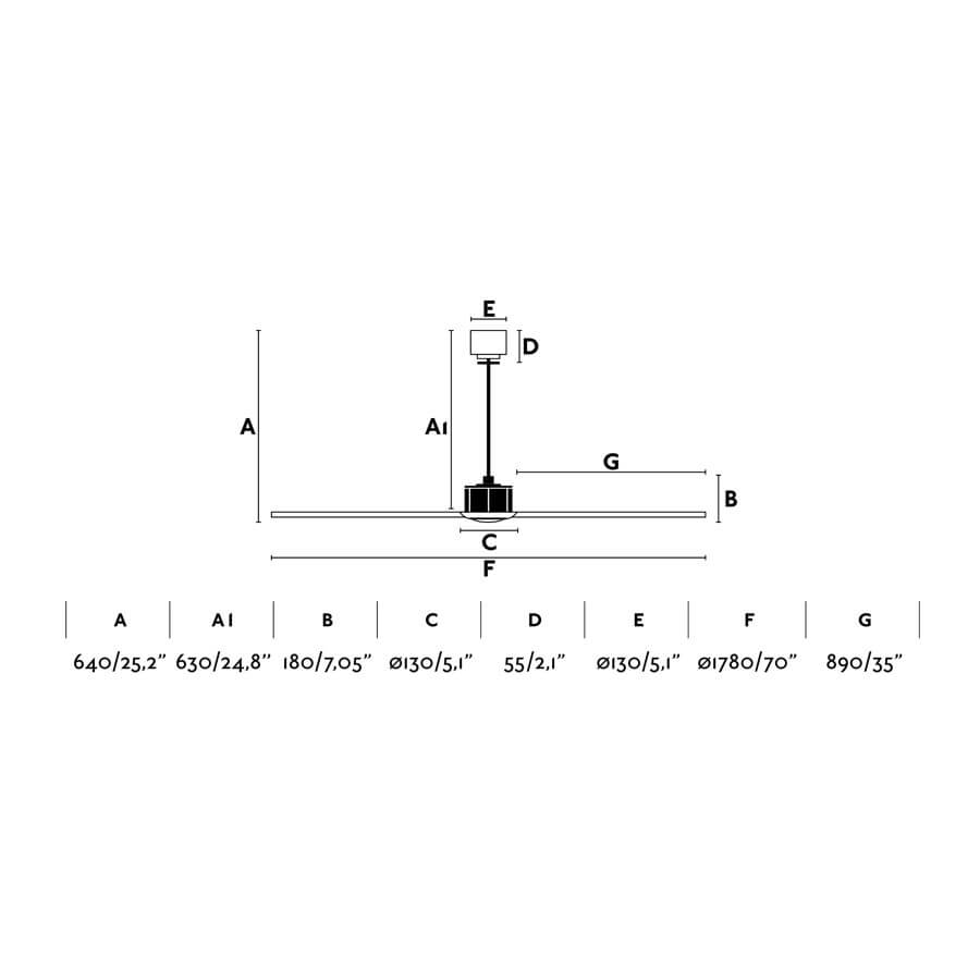 Diagramma di un ventilatore da soffitto con dimensioni, misure ed etichette per ogni parte.