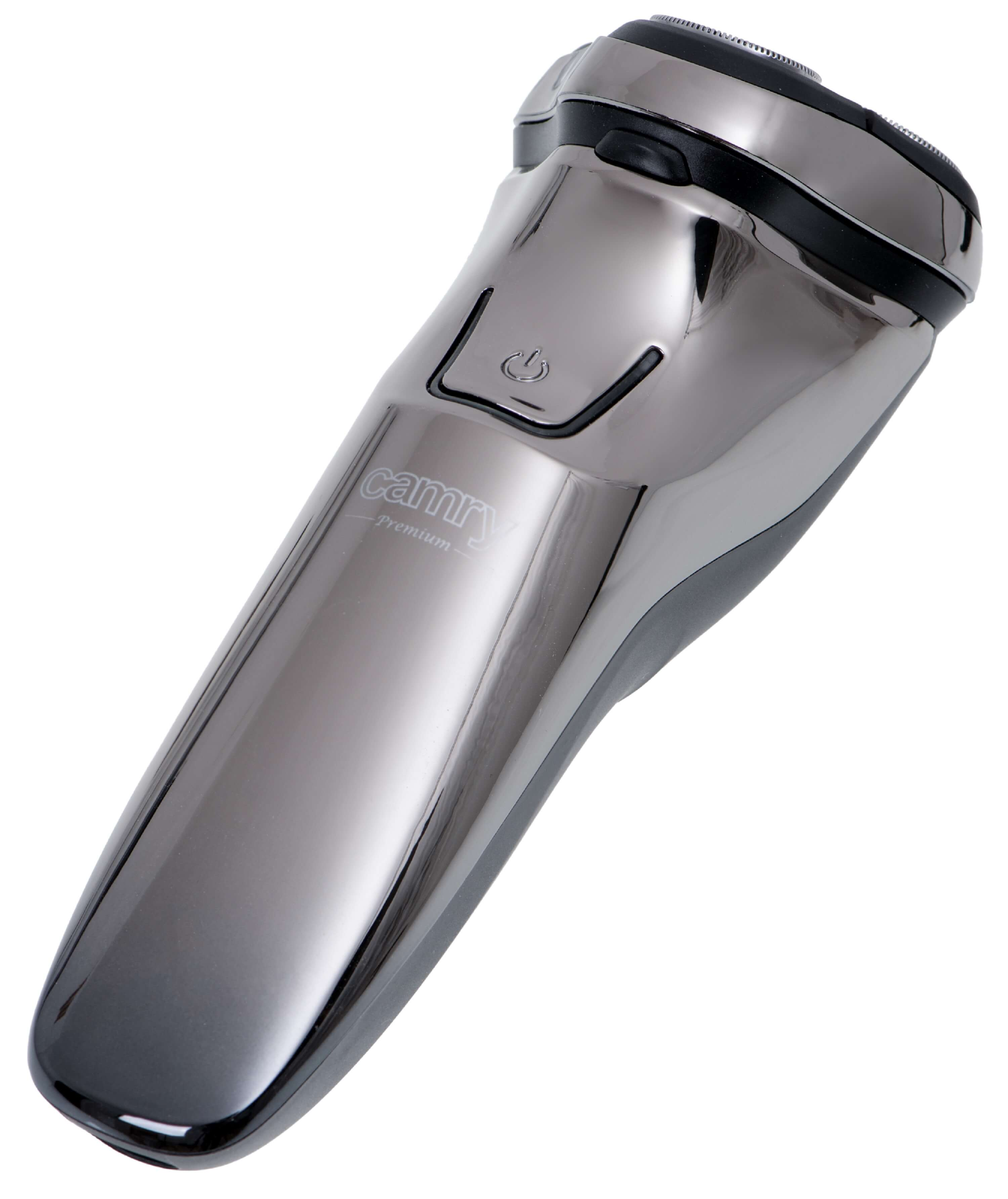 Błyszcząca szara golarka elektryczna, zbliżenie, na białym tle.