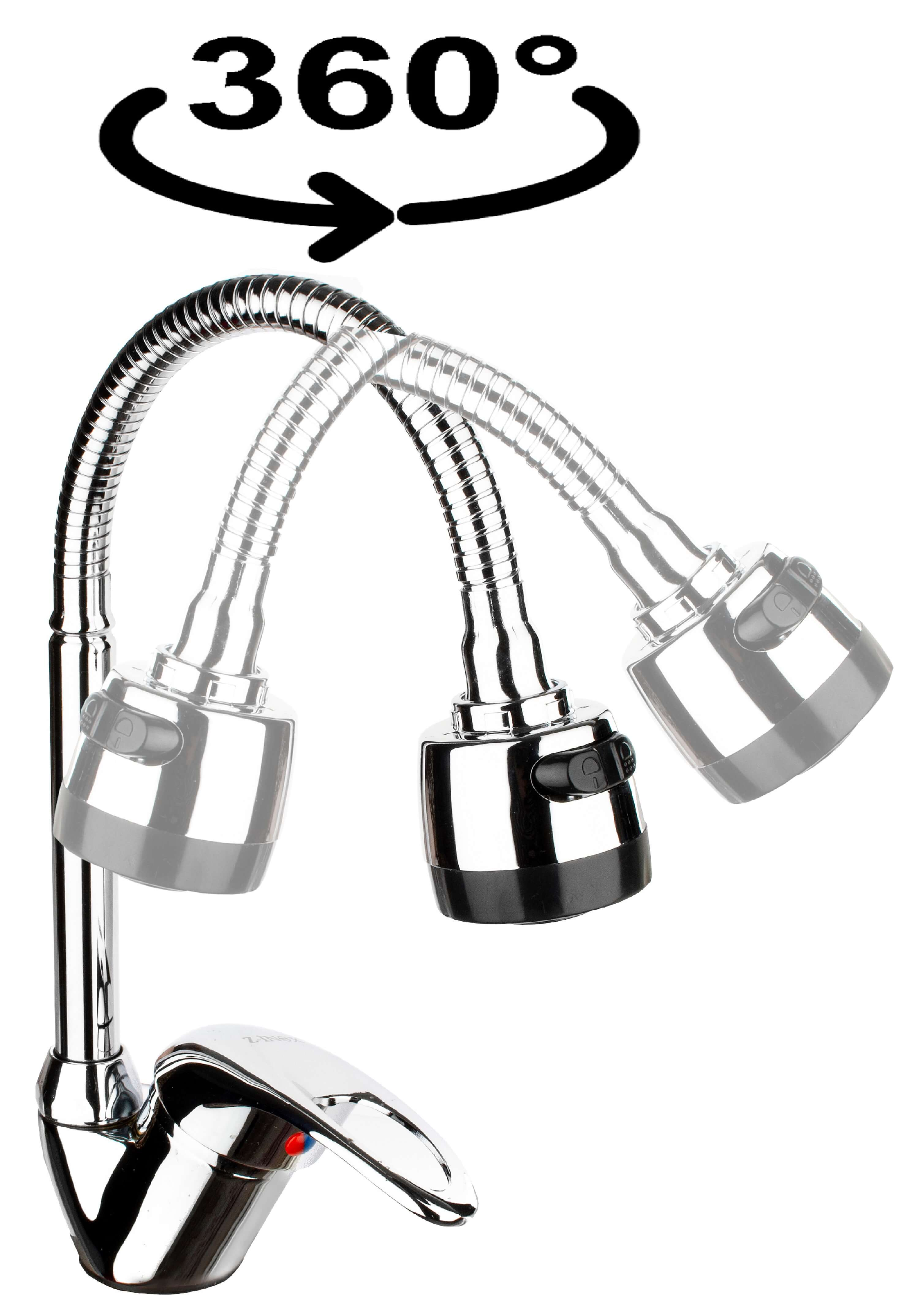 Chrom-Wasserhahn mit flexiblem Hals. Zeigt 360-Grad-Drehung. Drei Positionen gezeigt.