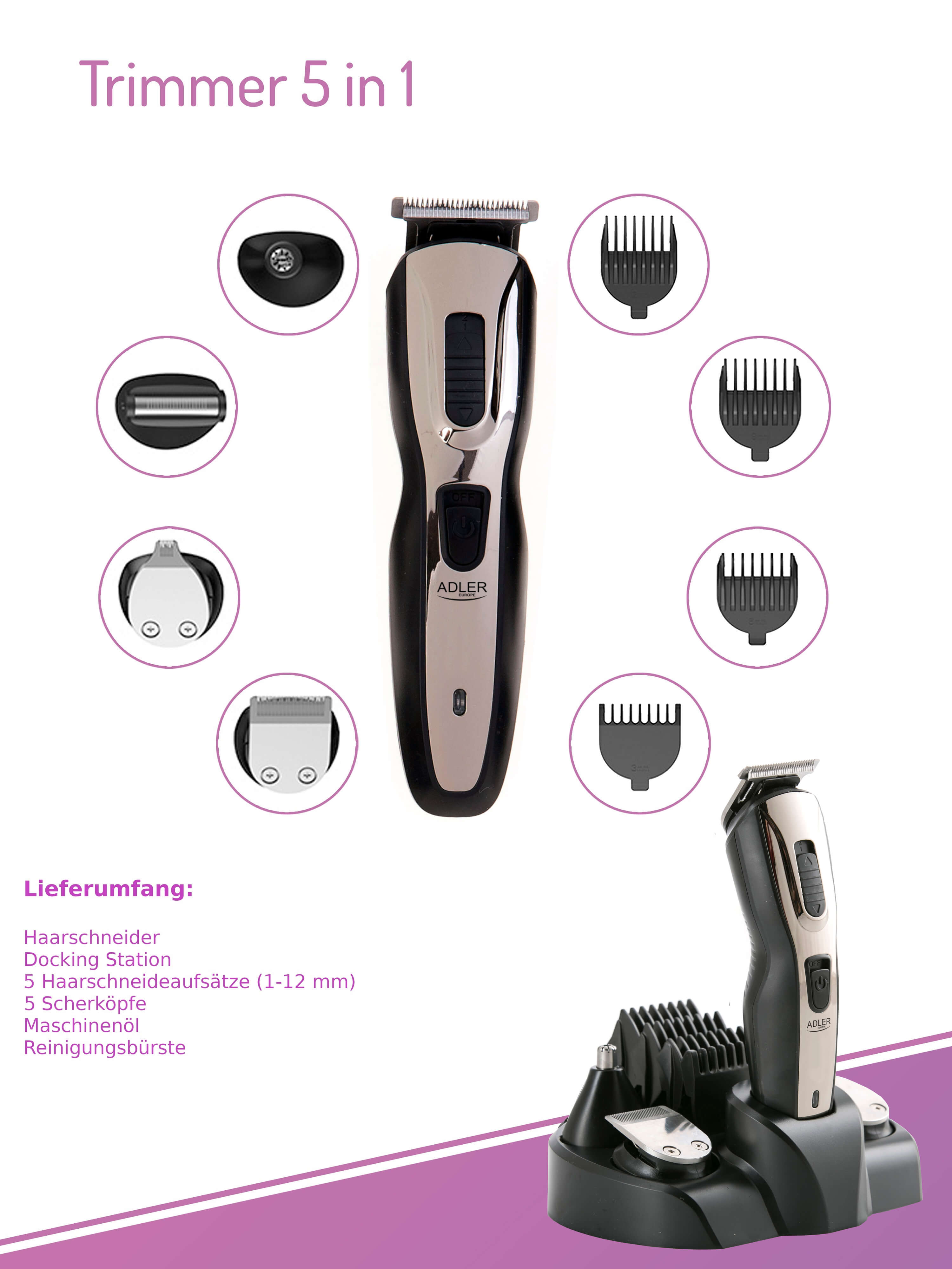 Ein Trimmer 5 in 1 mit verschiedenen Aufsätzen, einer Ladestation und Zubehör. Weißer Hintergrund.