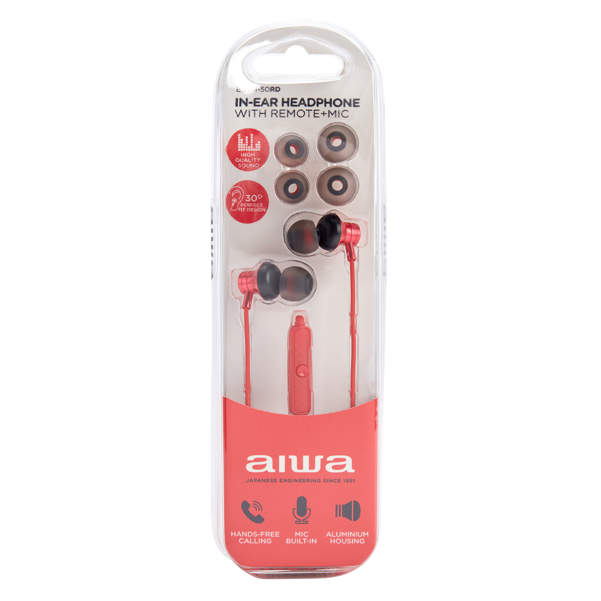 Rote und schwarze In-Ear-Kopfhörer in transparenter Verpackung.