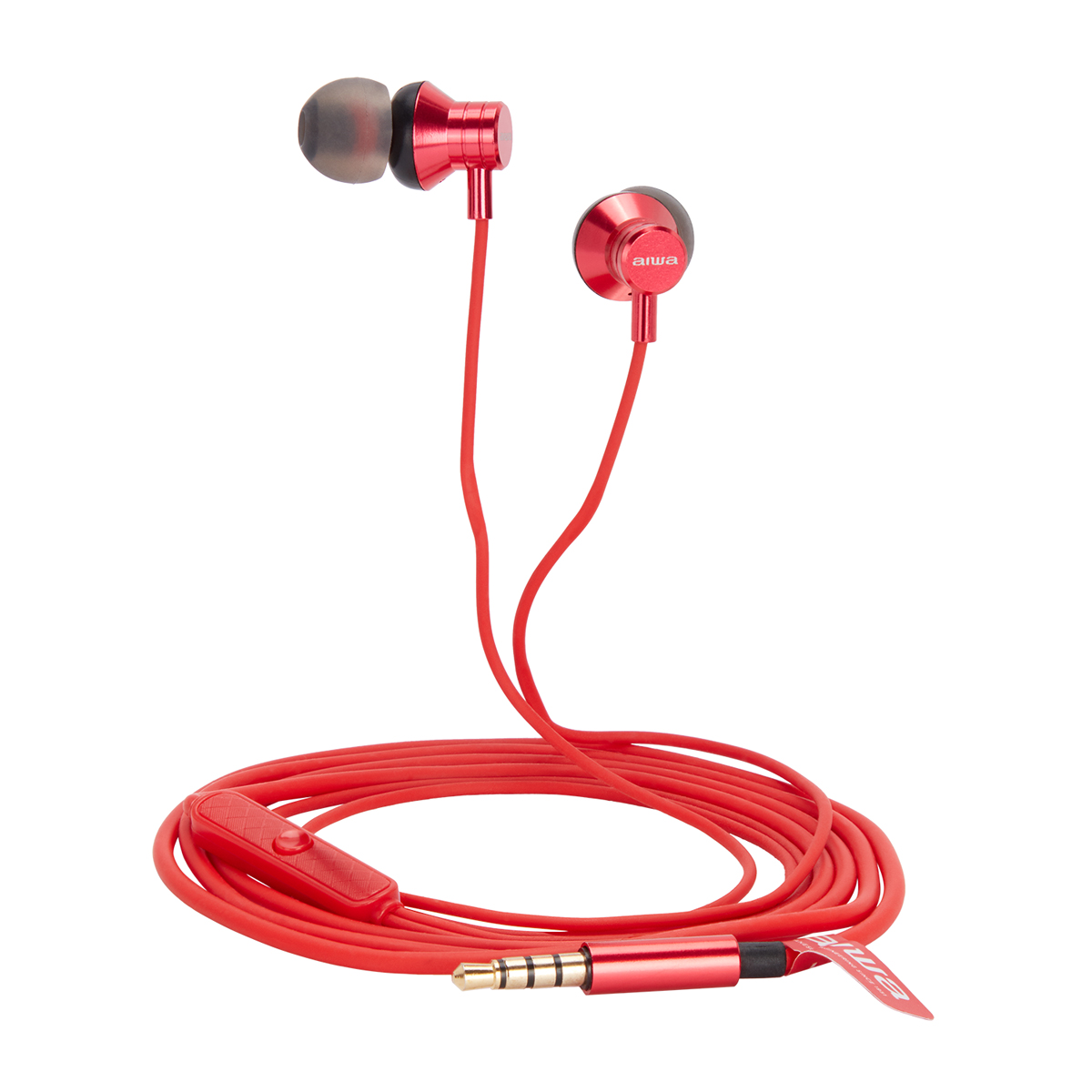 Rote Kopfhörer mit rotem Kabel und Inline-Steuerung. Weißer Hintergrund.