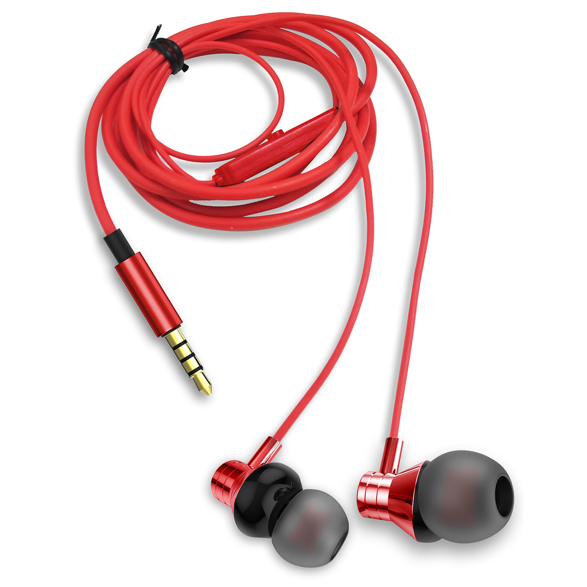 Rote Ohrhörer mit goldenem Stecker und schwarzen Ohrstöpseln, auf weißer Oberfläche.