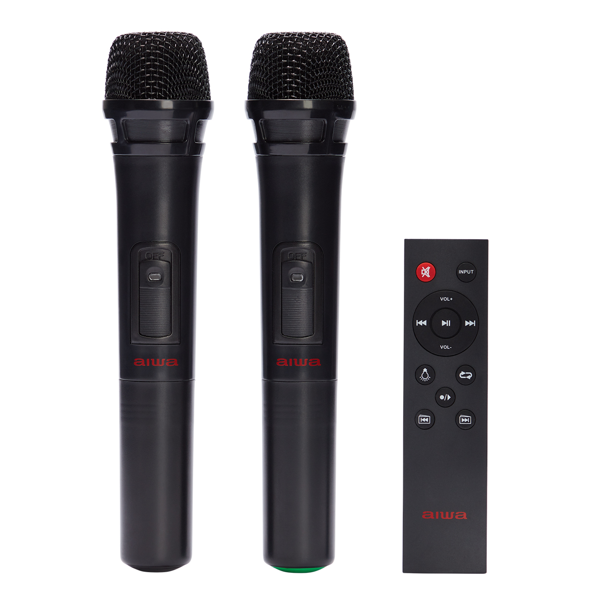 Dwa czarne mikrofony i pilot na białym tle.