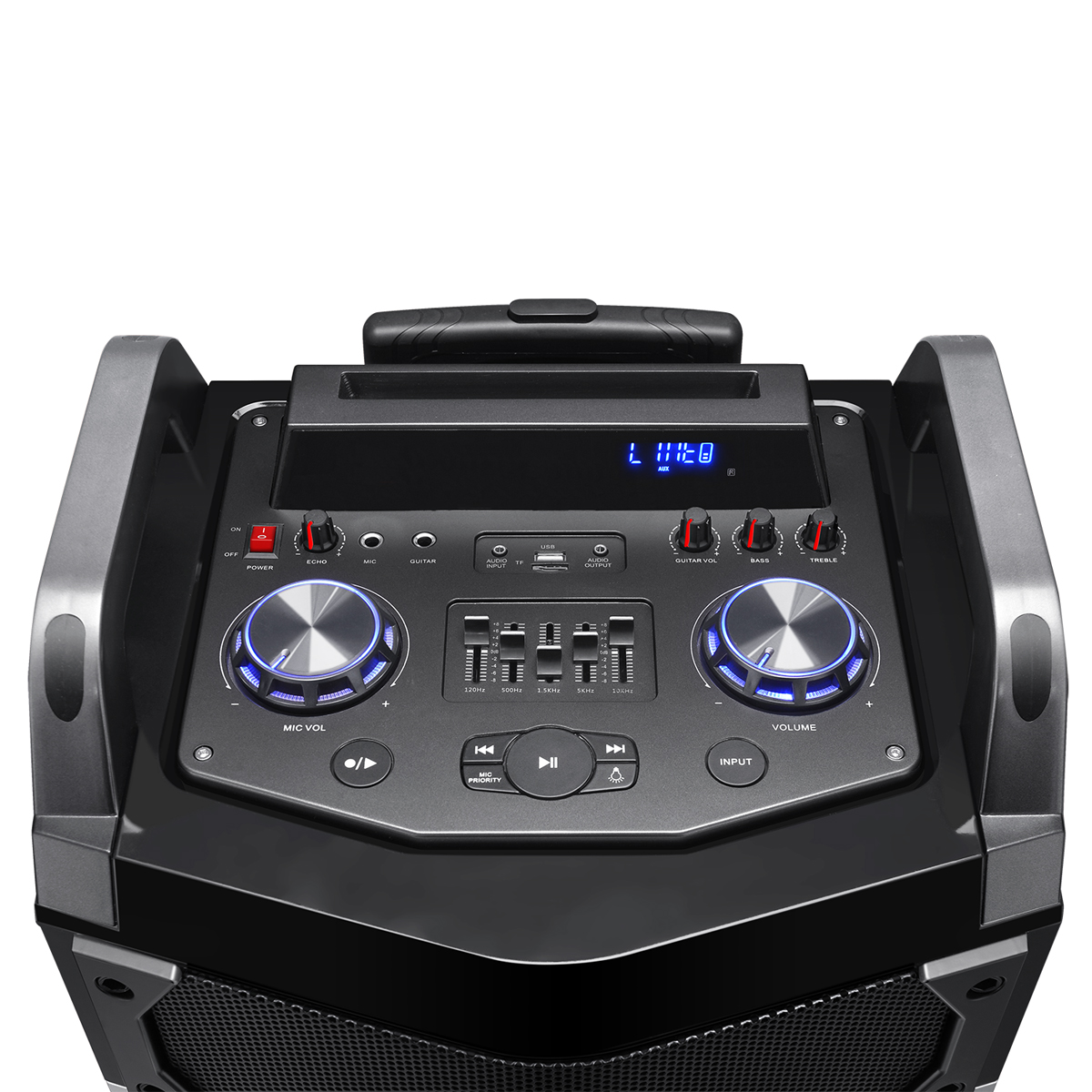 Czarny głośnik z panelem sterowania i ekranem wyświetlacza.