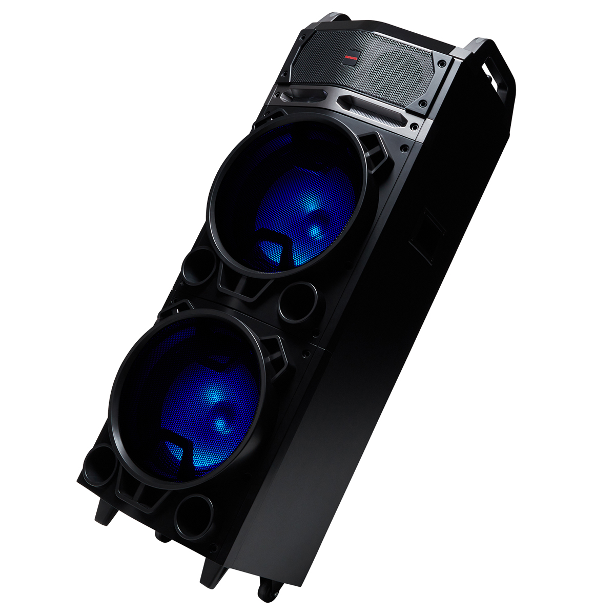 Czarny głośnik z niebieskimi światłami w środku, widok z kąta.