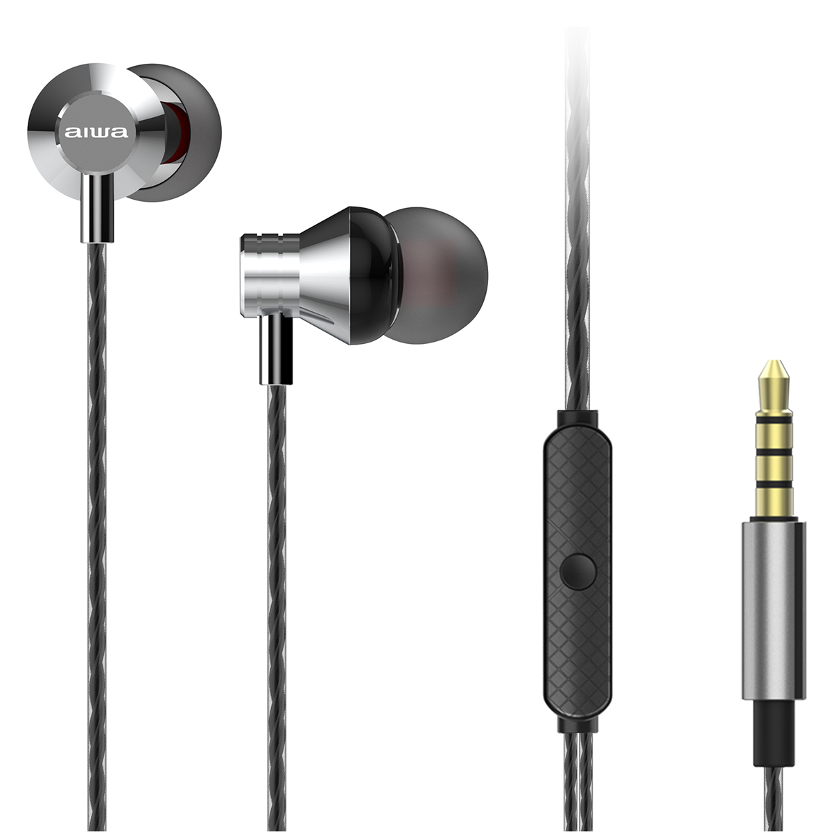 Auriculares plateados con cable y mando a distancia. También se ve un conector de audio dorado.
