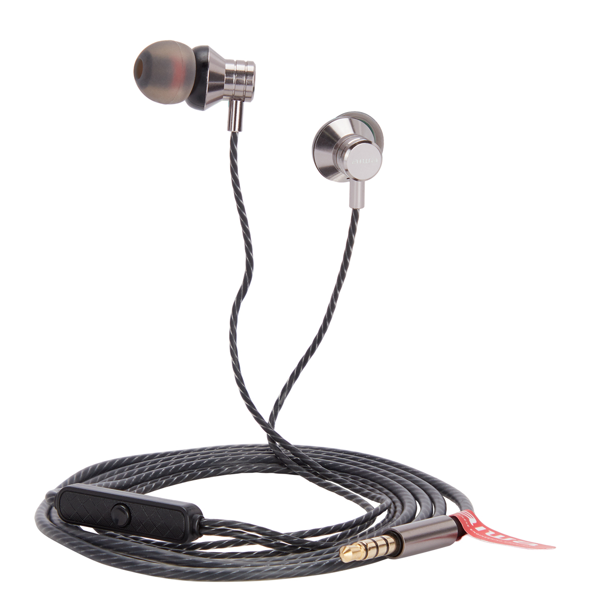 Auriculares plateados con cable negro y control. Fondo blanco.