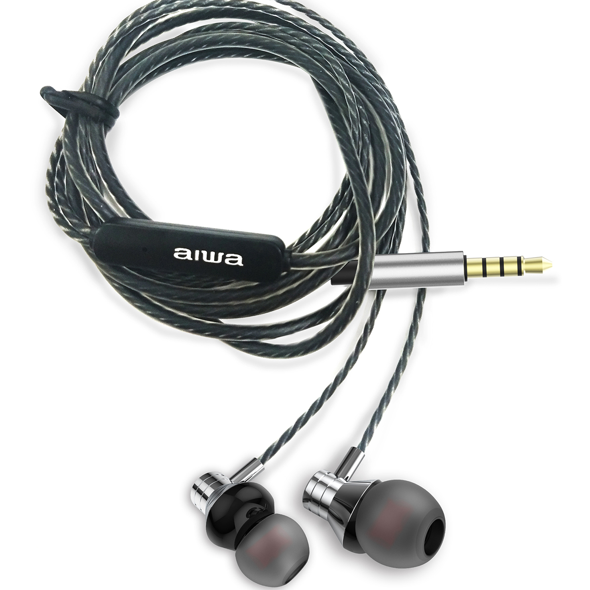 Auriculares negros y plateados con cable y conector de 3,5 mm. Sobre superficie blanca.