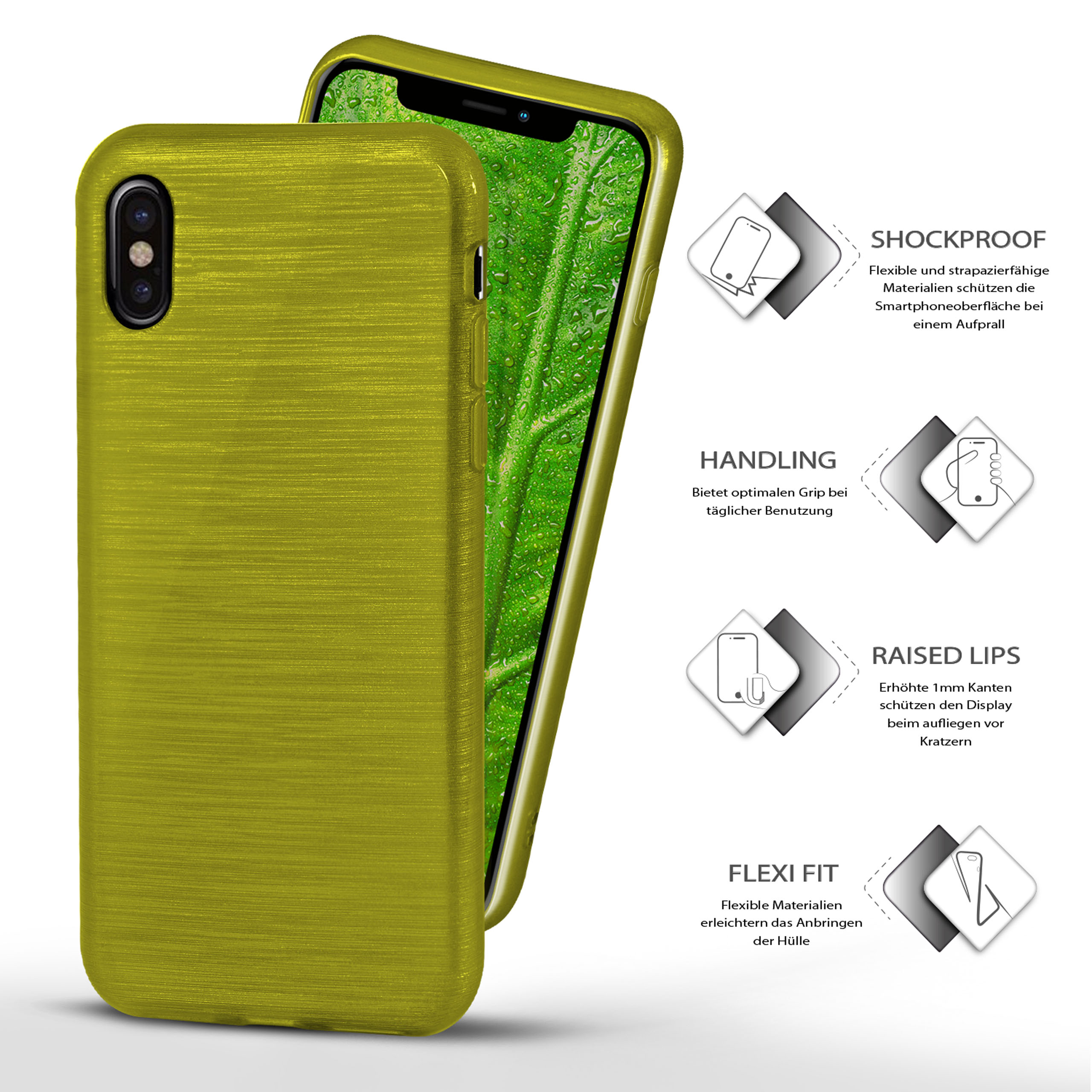 Handyhülle, grüne Metallic-Textur, Telefon innen. Text mit Funktionen.