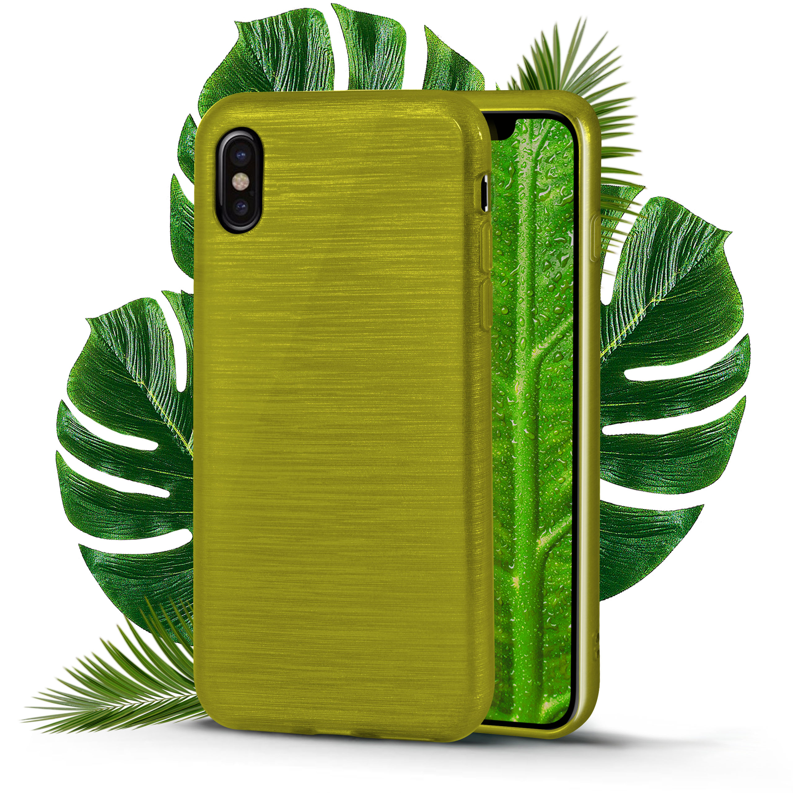 Grüne Handyhülle mit Blatt-Hintergrund. Das Telefon ist in der Hülle sichtbar.