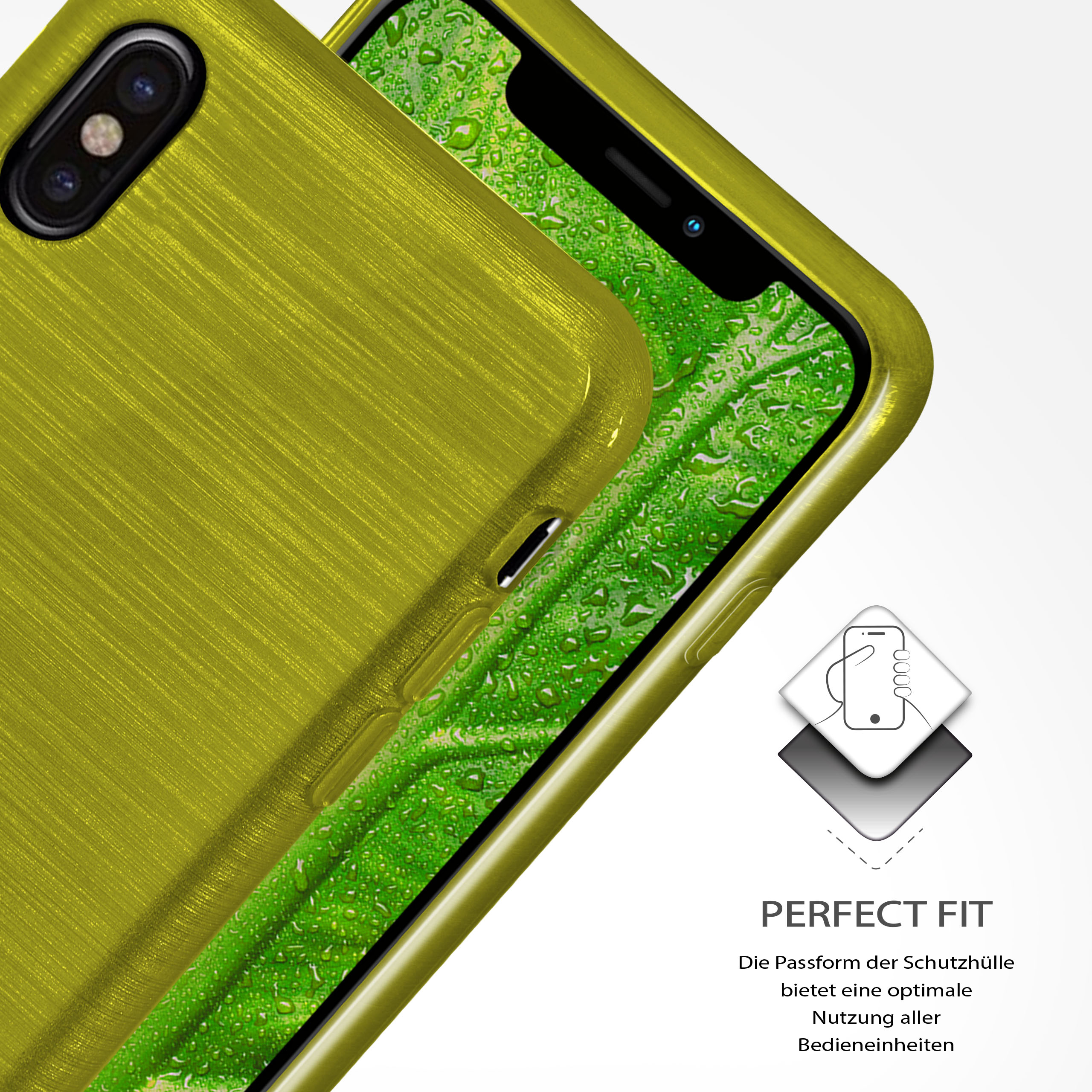 Eine gelbe Handyhülle mit Telefon und Diagramm, mit Text Perfekte Passform.