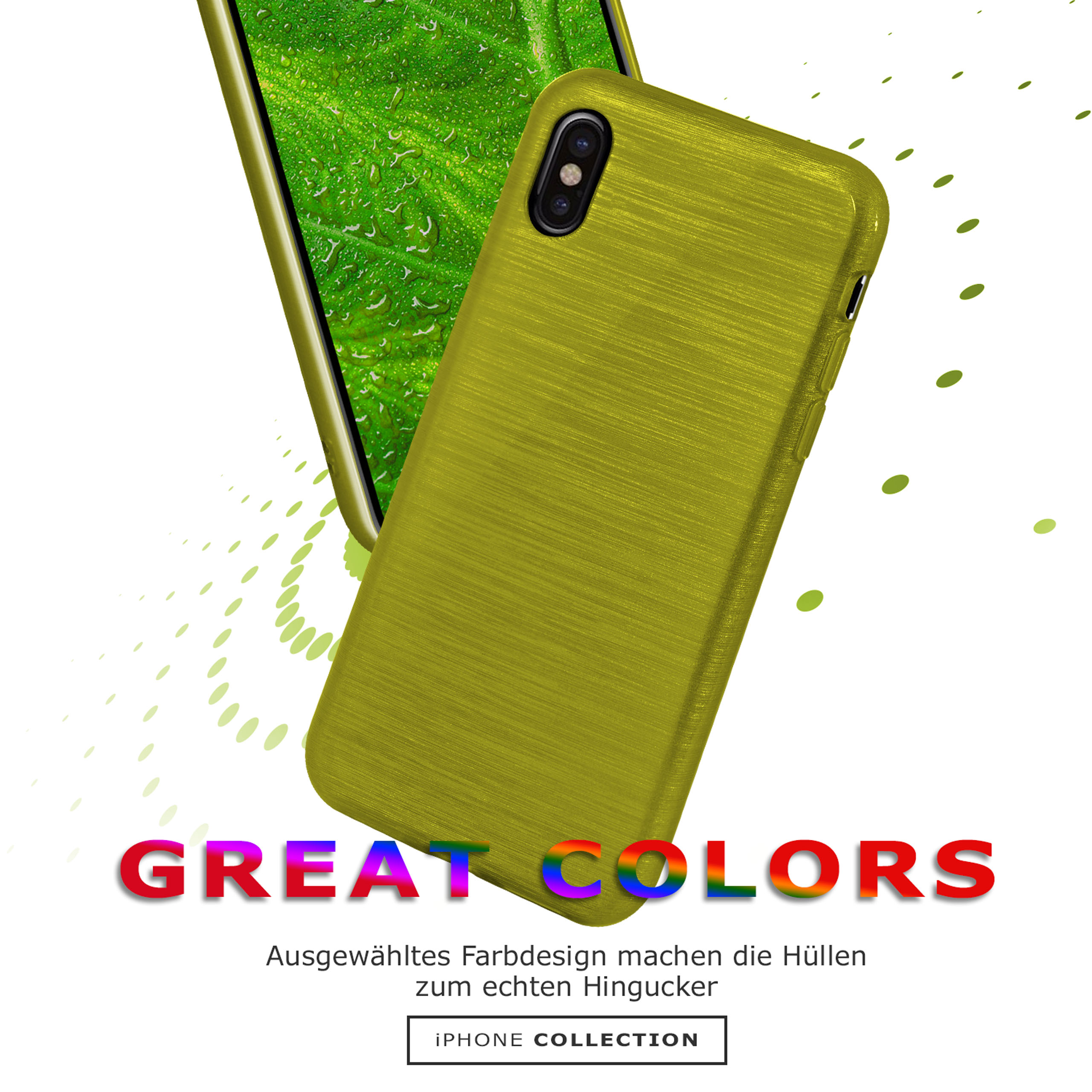 Eine Handyhülle mit einem iPhone, die Hülle ist grün mit dem Text GREAT COLORS. Die Hülle hat einen gebürsteten Metall-Look.