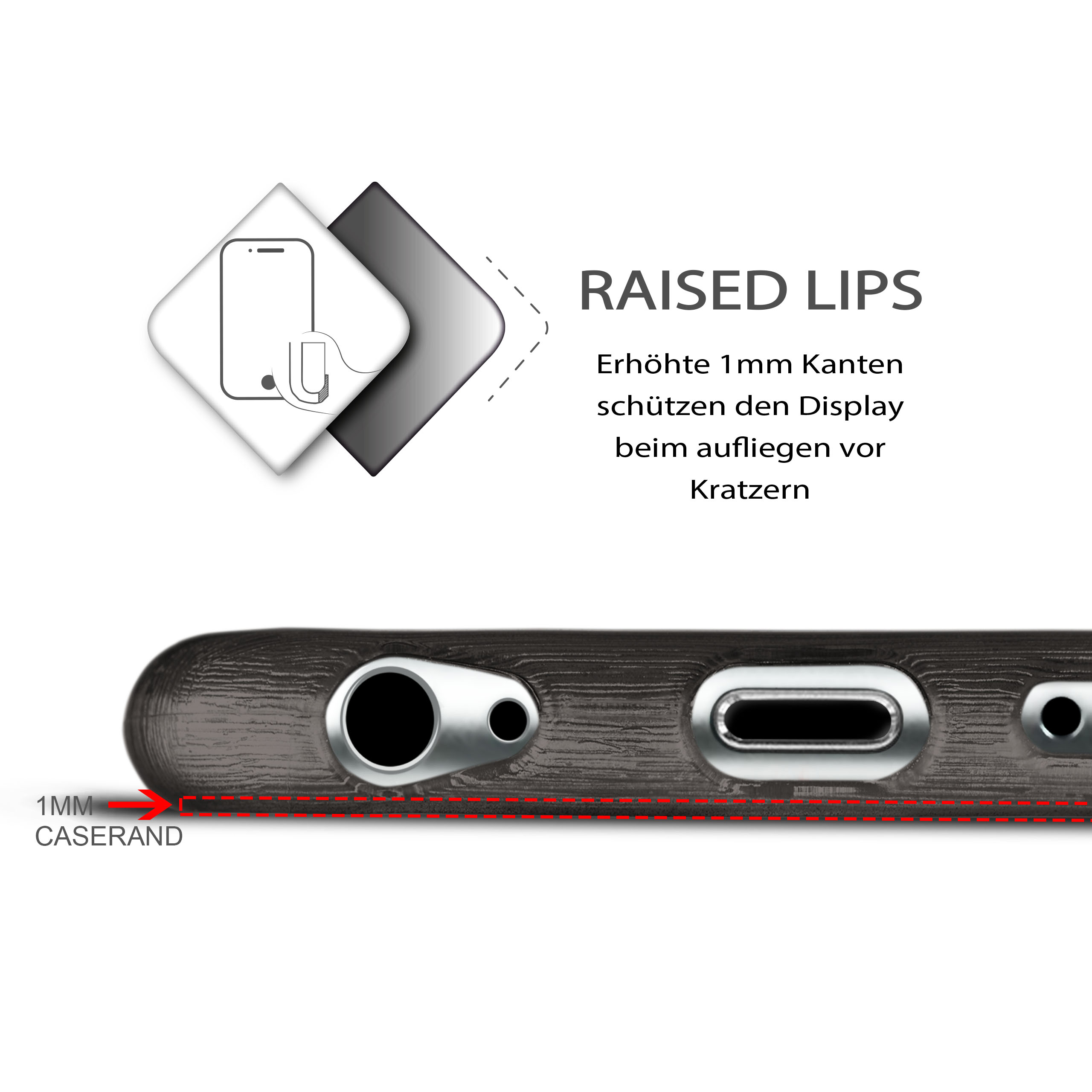 Nahaufnahme einer Handyhülle mit erhöhten Lippen. Es ist eine Holzstrukturhülle mit Aussparungen für Ladeanschlüsse.