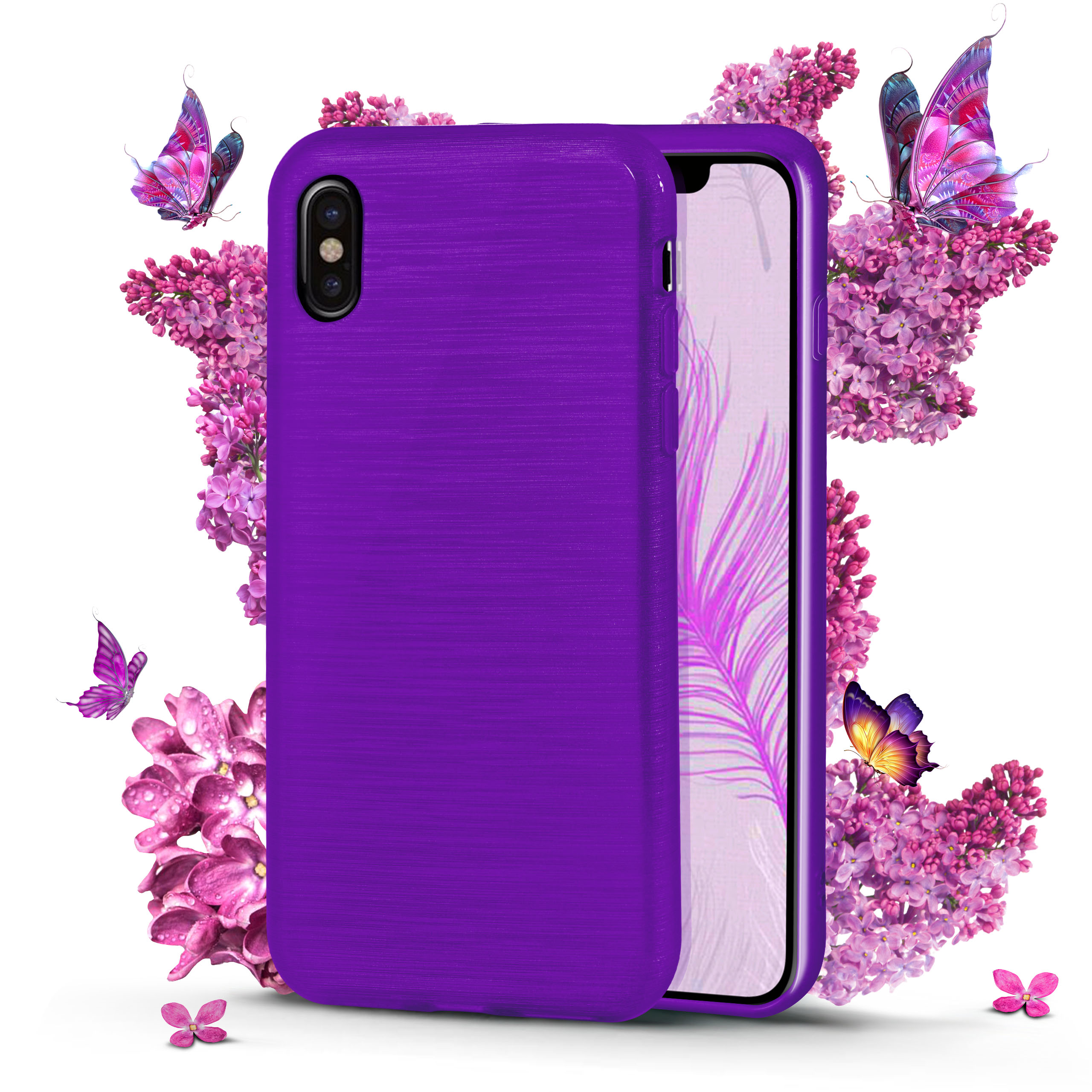 Lila Handyhülle auf weißem Hintergrund mit Blumen und Schmetterlingen.