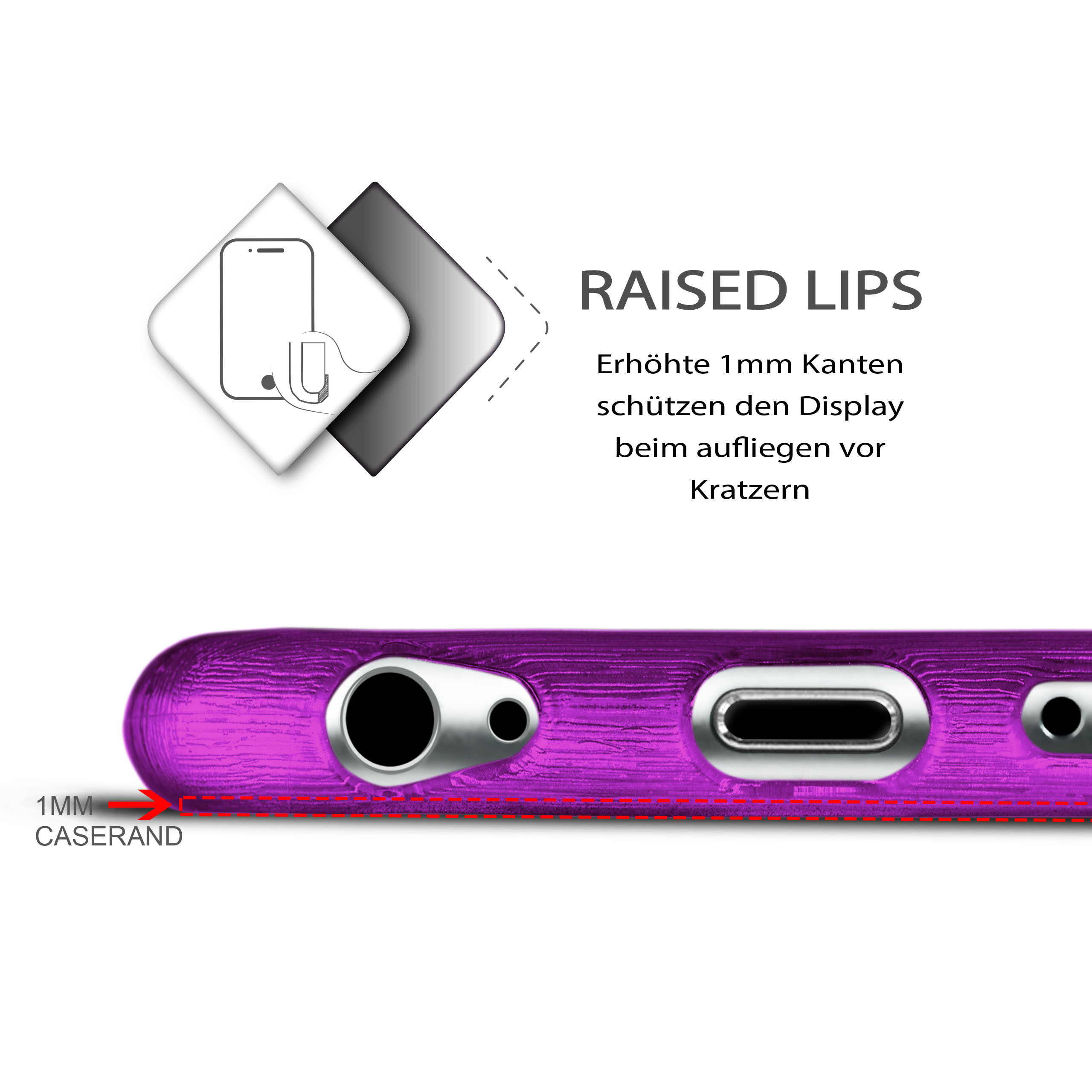 Nahaufnahme einer Handyhülle mit erhöhten Lippen zum Schutz der Kamera.