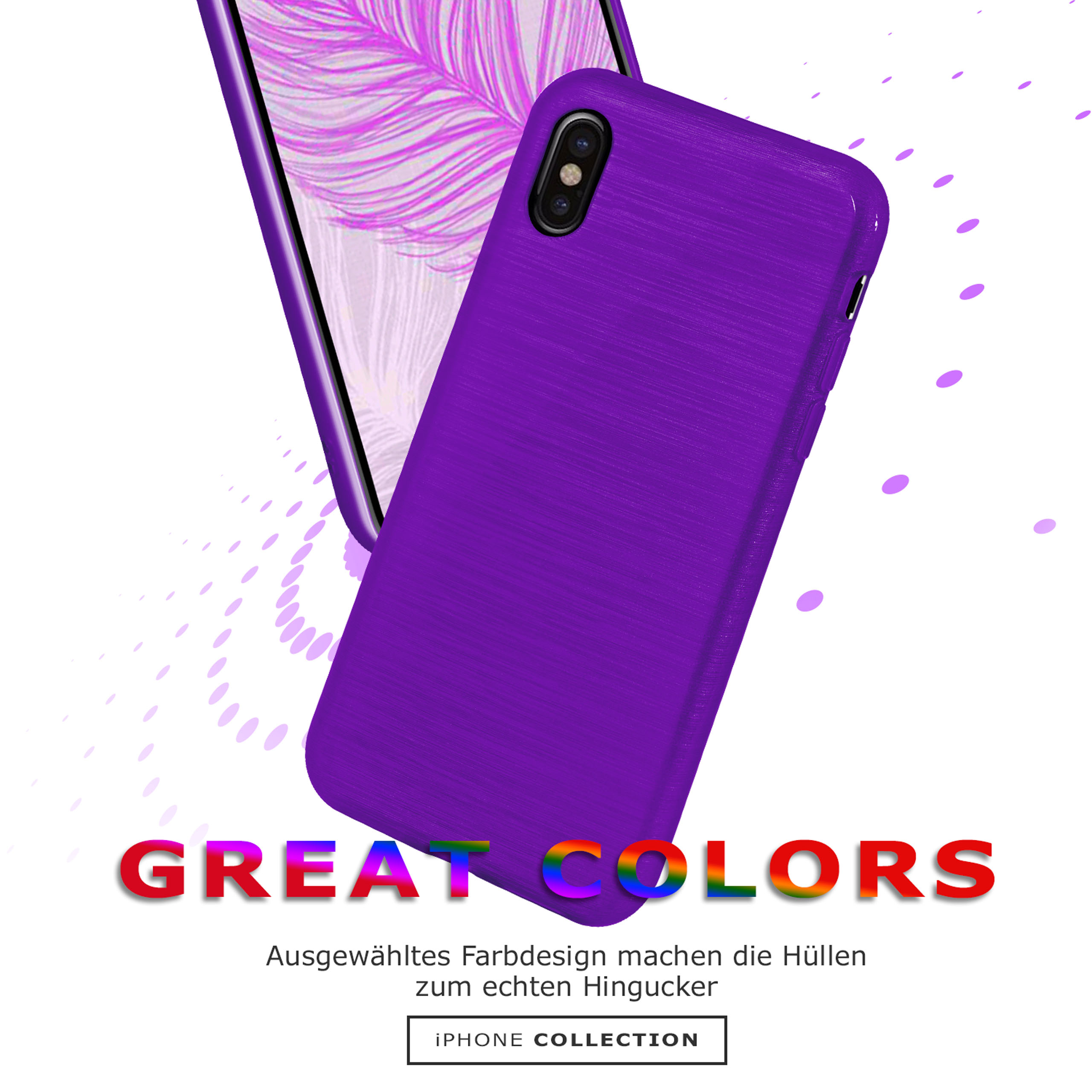 Lila Handyhülle mit dem Text 'GREAT COLORS' vor weißem Hintergrund.